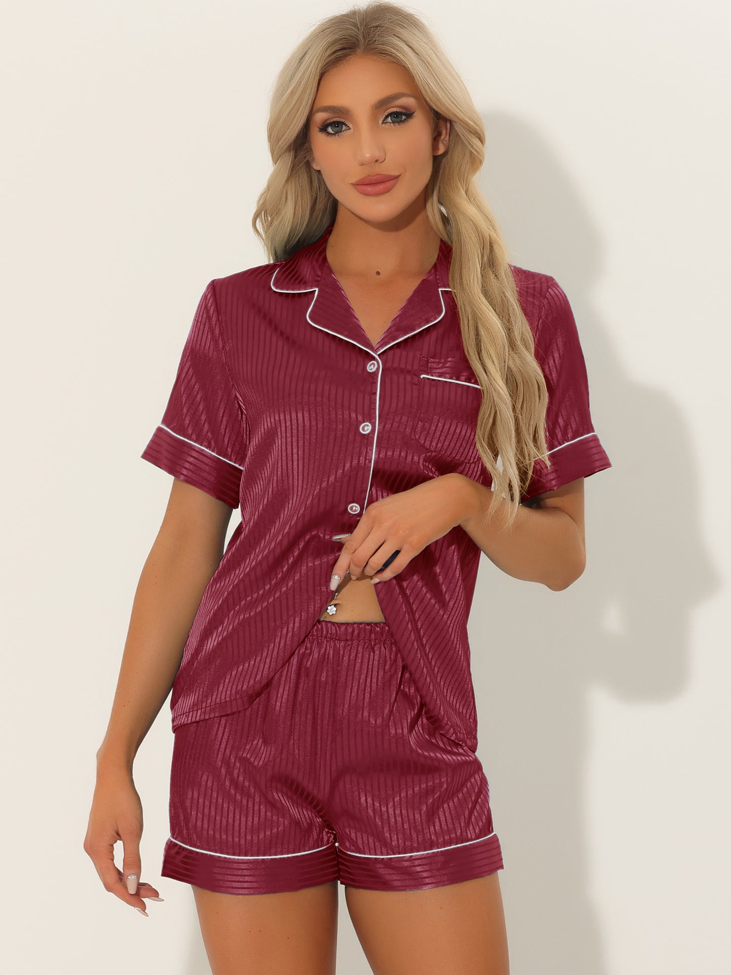 Women's Satin Pajamas Sleepshirt Button Down Top with Shorts Silky Lounge Set