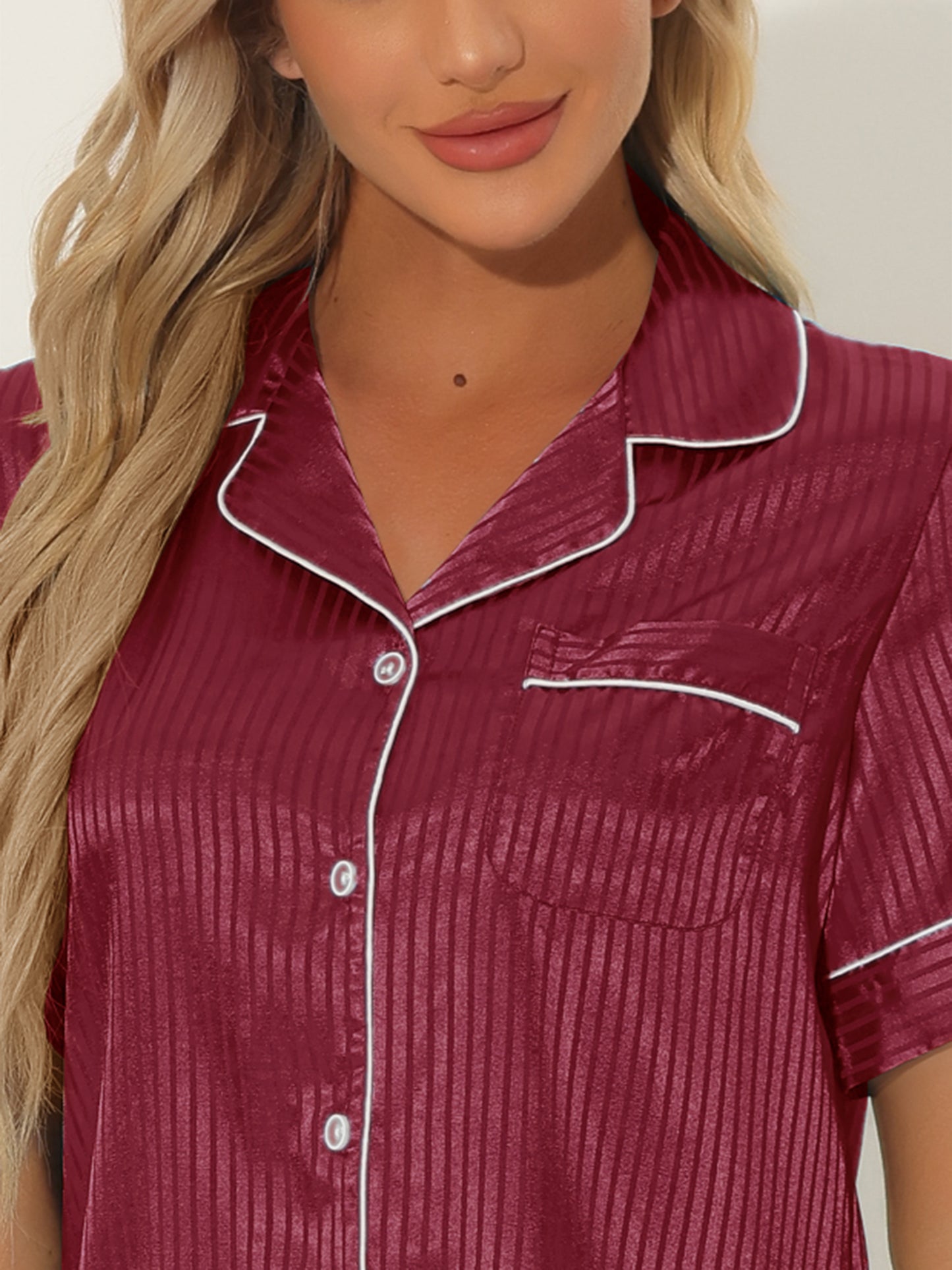 Women's Satin Pajamas Sleepshirt Button Down Top with Shorts Silky Lounge Set