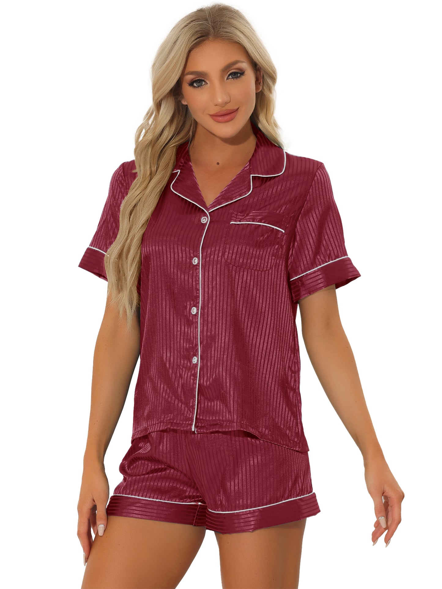 Women's Satin Pajamas Sleepshirt Button Down Top with Shorts Silky Lounge Set