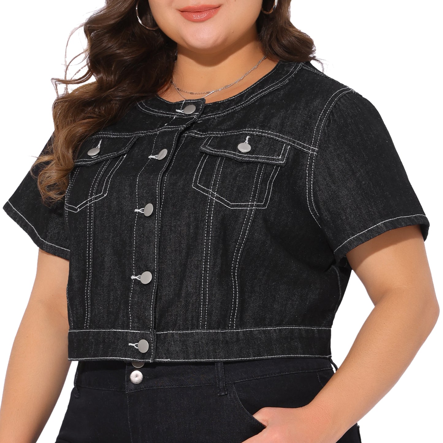 Women's Plus Size Denim Vest Tops Crew Neck Button Down Short Sleeve Cropped Jean Jacket