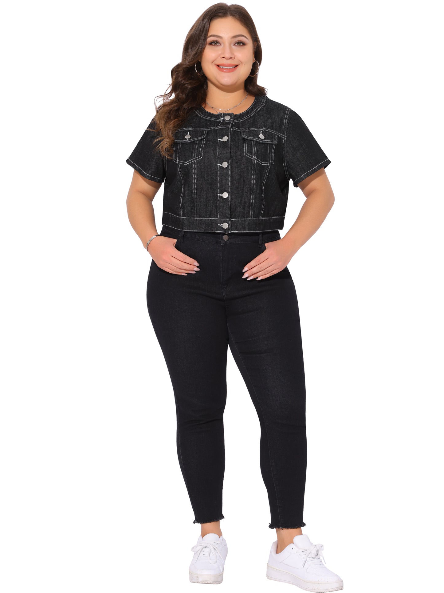 Women's Plus Size Denim Vest Tops Crew Neck Button Down Short Sleeve Cropped Jean Jacket