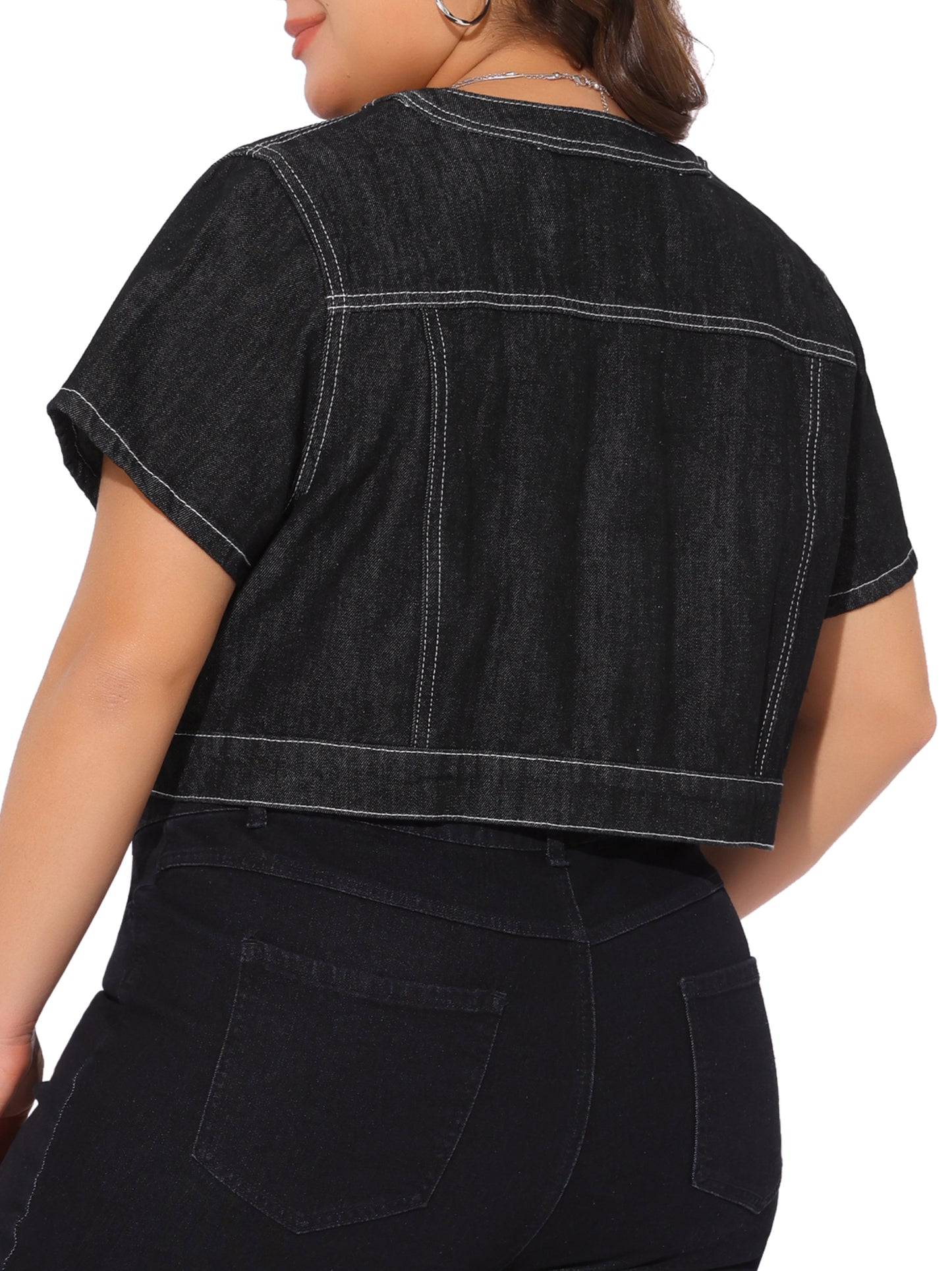 Women's Plus Size Denim Vest Tops Crew Neck Button Down Short Sleeve Cropped Jean Jacket