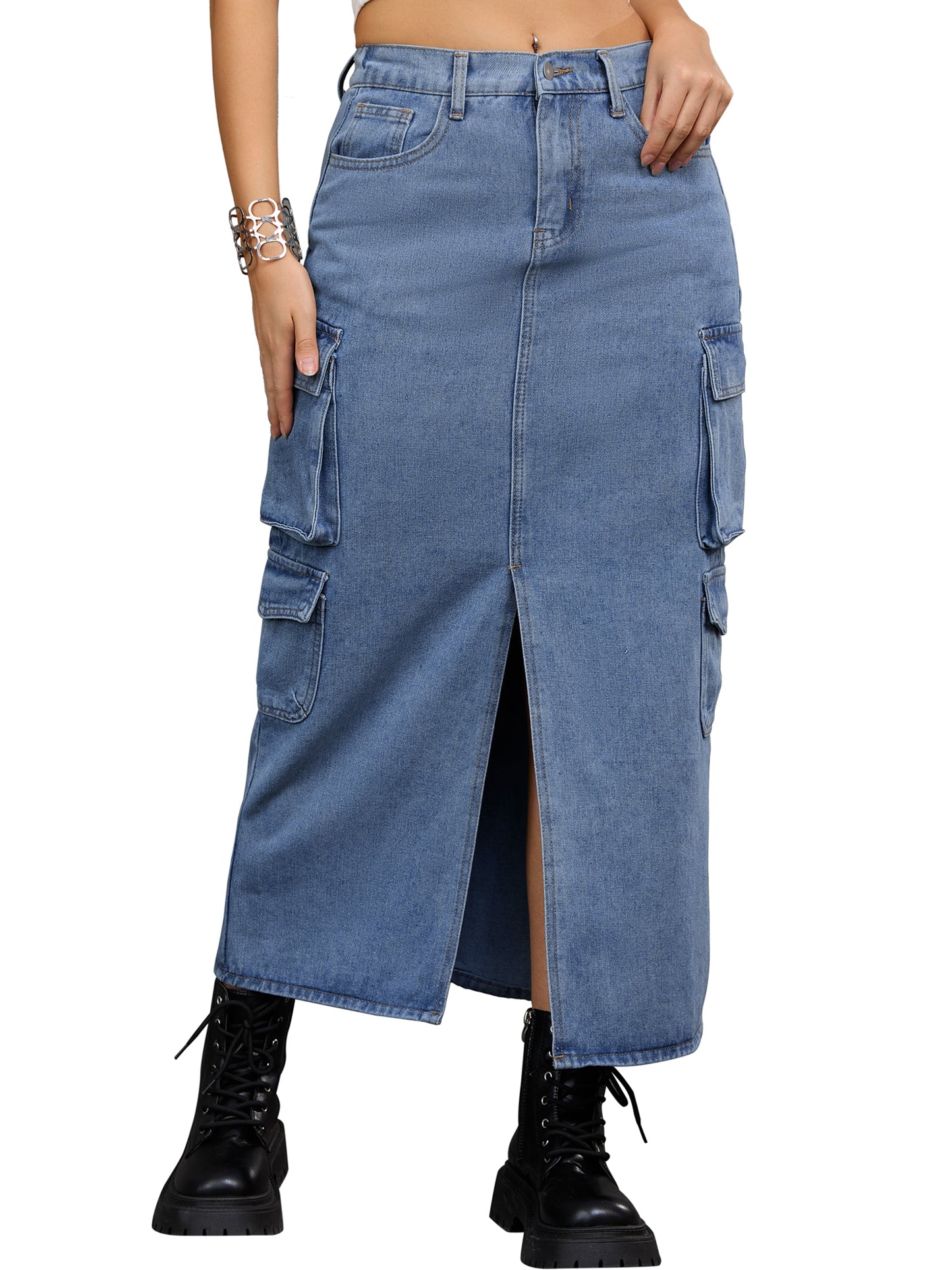 Women's Front Split Button Front Elastic Waist Streetwear Flap Pockets Cargo Maxi Denim Skirt