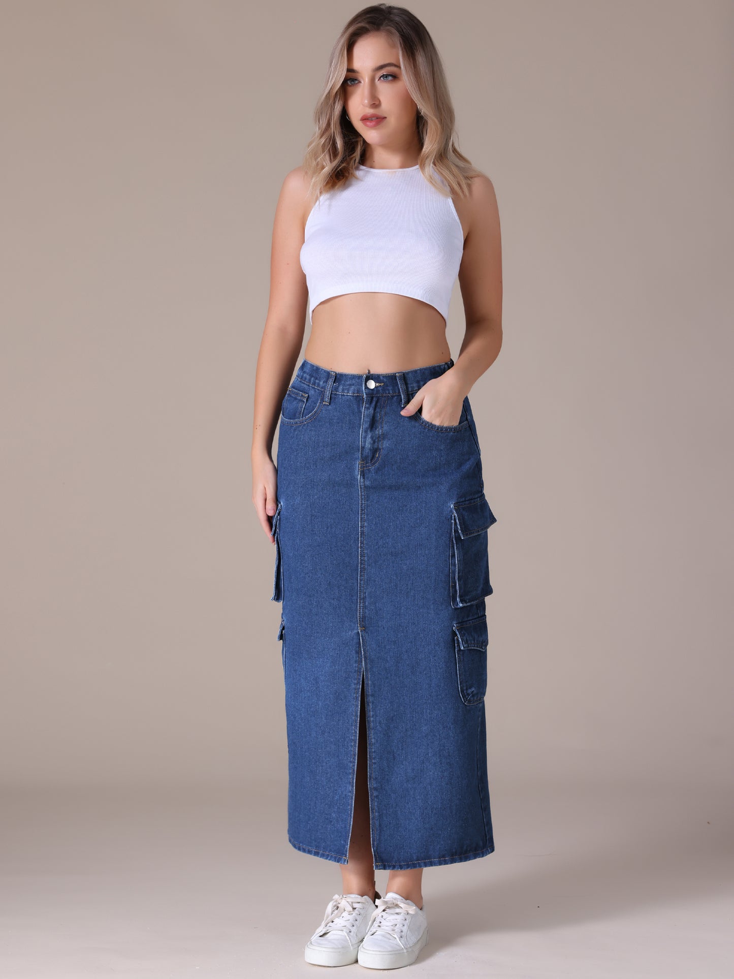 Women's Front Split Button Front Elastic Waist Streetwear Flap Pockets Cargo Maxi Denim Skirt