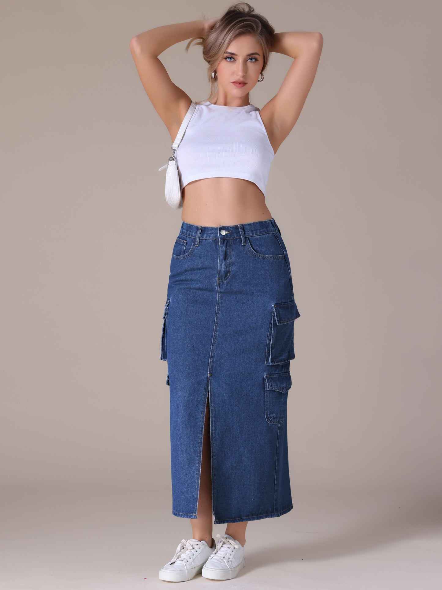 Women's Front Split Button Front Elastic Waist Streetwear Flap Pockets Cargo Maxi Denim Skirt