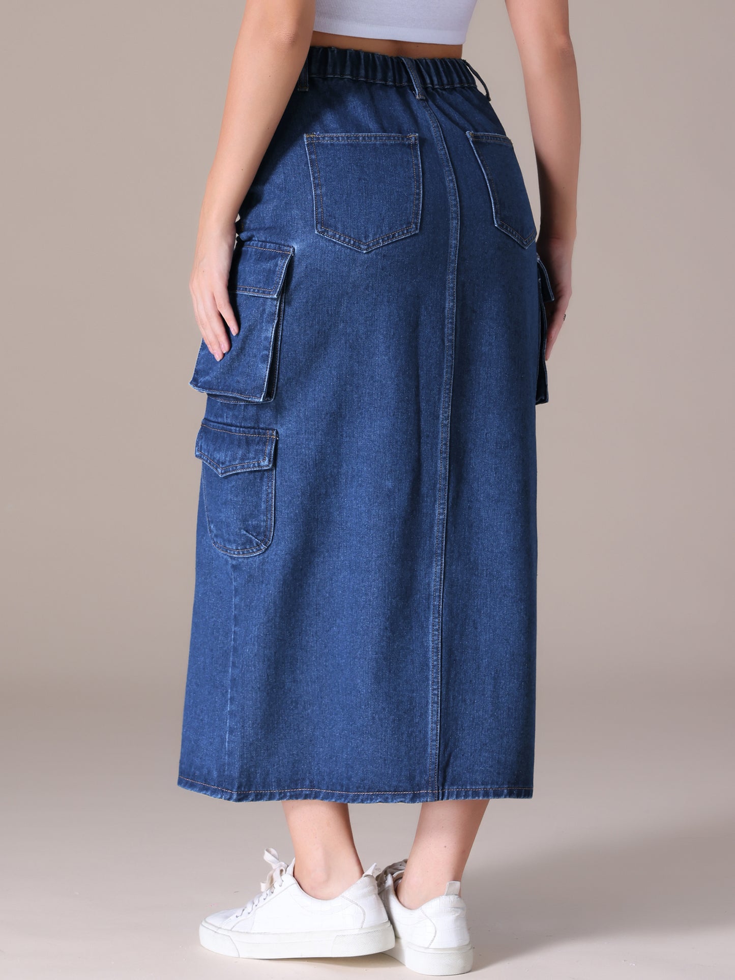 Women's Front Split Button Front Elastic Waist Streetwear Flap Pockets Cargo Maxi Denim Skirt