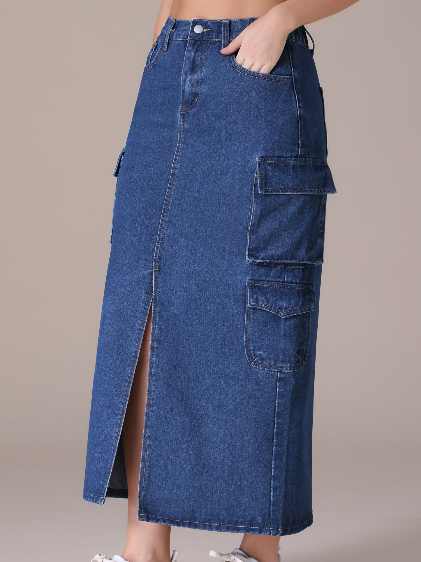 Women's Front Split Button Front Elastic Waist Streetwear Flap Pockets Cargo Maxi Denim Skirt