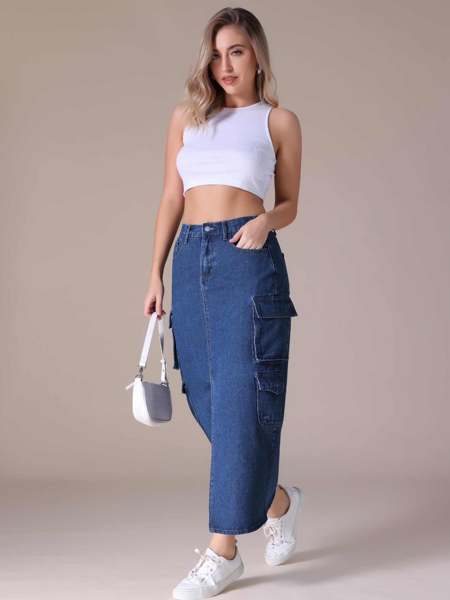 Women's Front Split Button Front Elastic Waist Streetwear Flap Pockets Cargo Maxi Denim Skirt