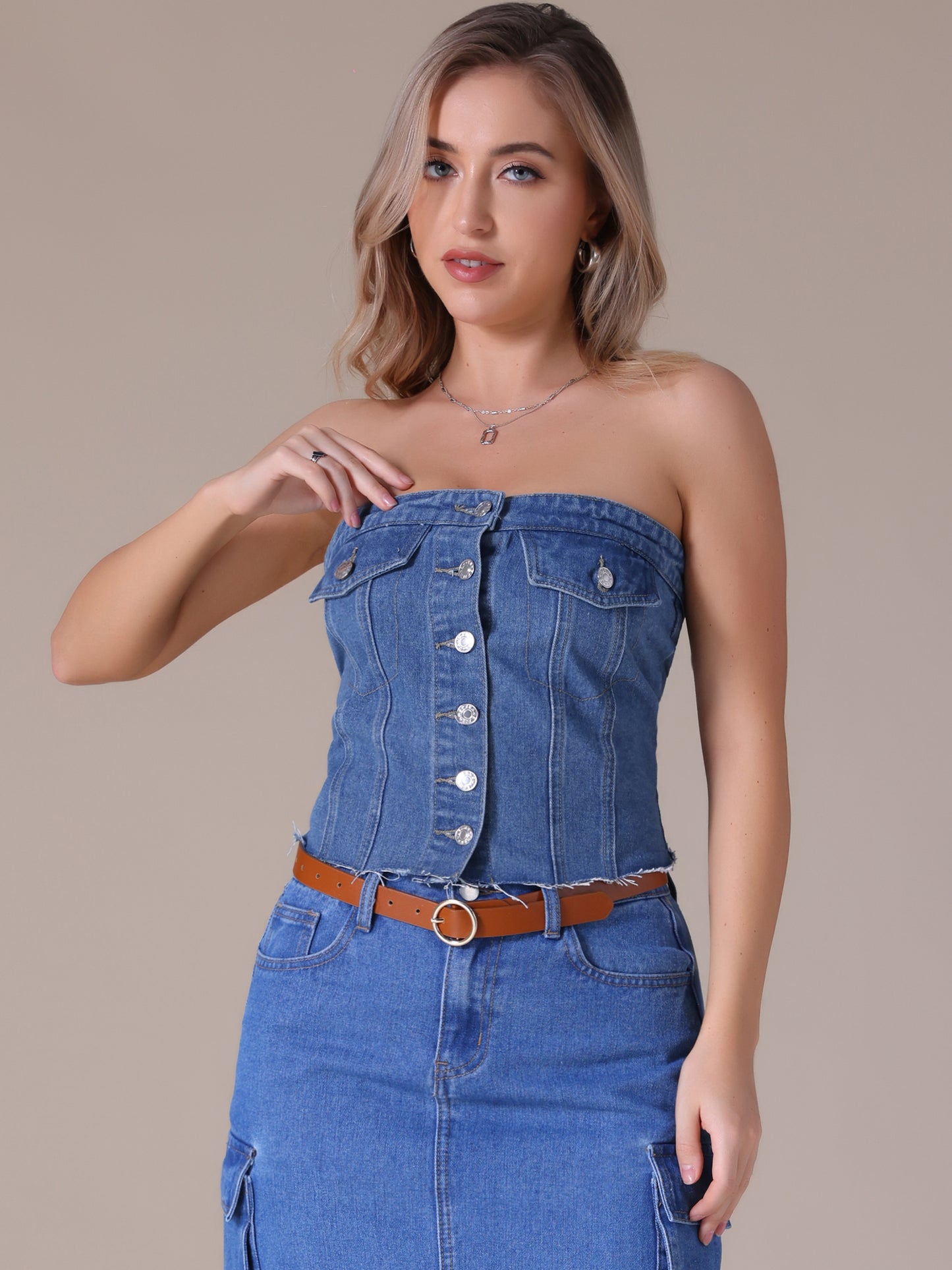 Women's Denim Tube Tops Button Front Raw Hem Smocked Back Crop Strapless Bandeau Top