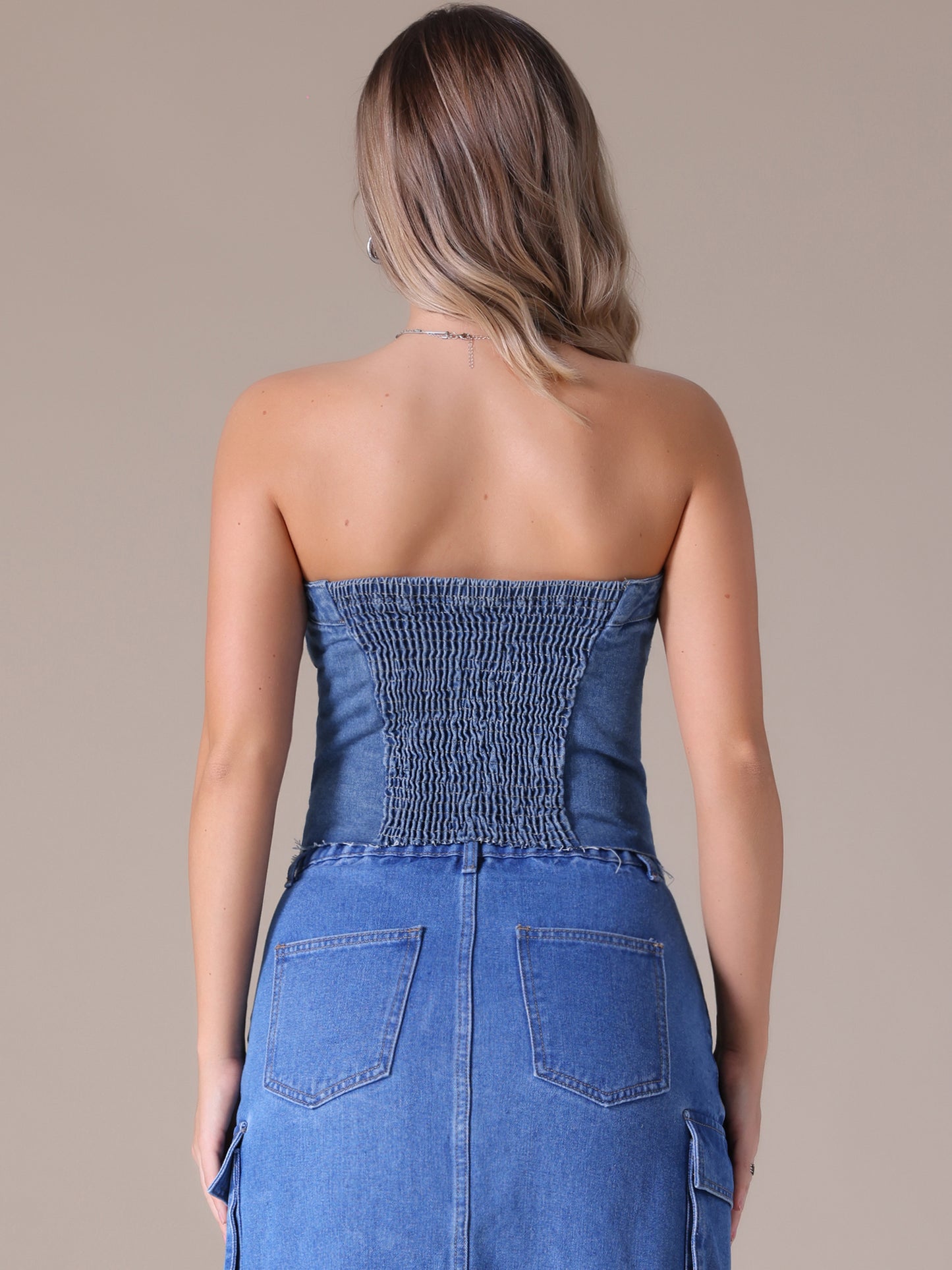 Women's Denim Tube Tops Button Front Raw Hem Smocked Back Crop Strapless Bandeau Top