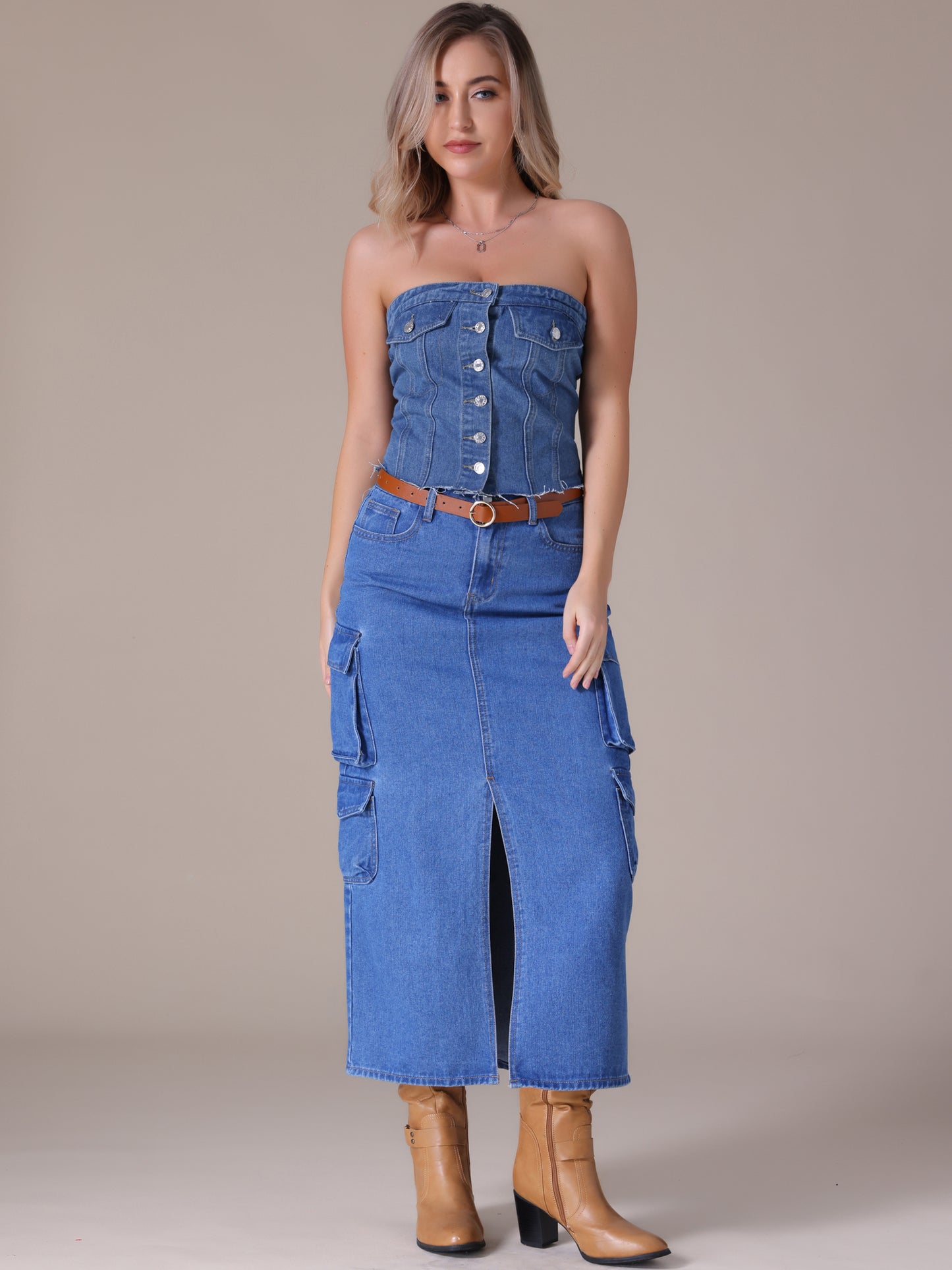 Women's Denim Tube Tops Button Front Raw Hem Smocked Back Crop Strapless Bandeau Top