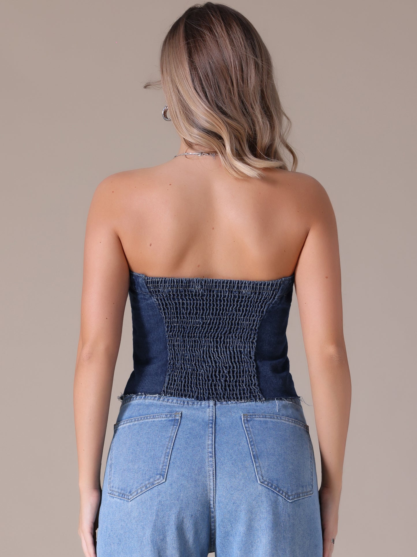 Women's Denim Tube Tops Button Front Raw Hem Smocked Back Crop Strapless Bandeau Top