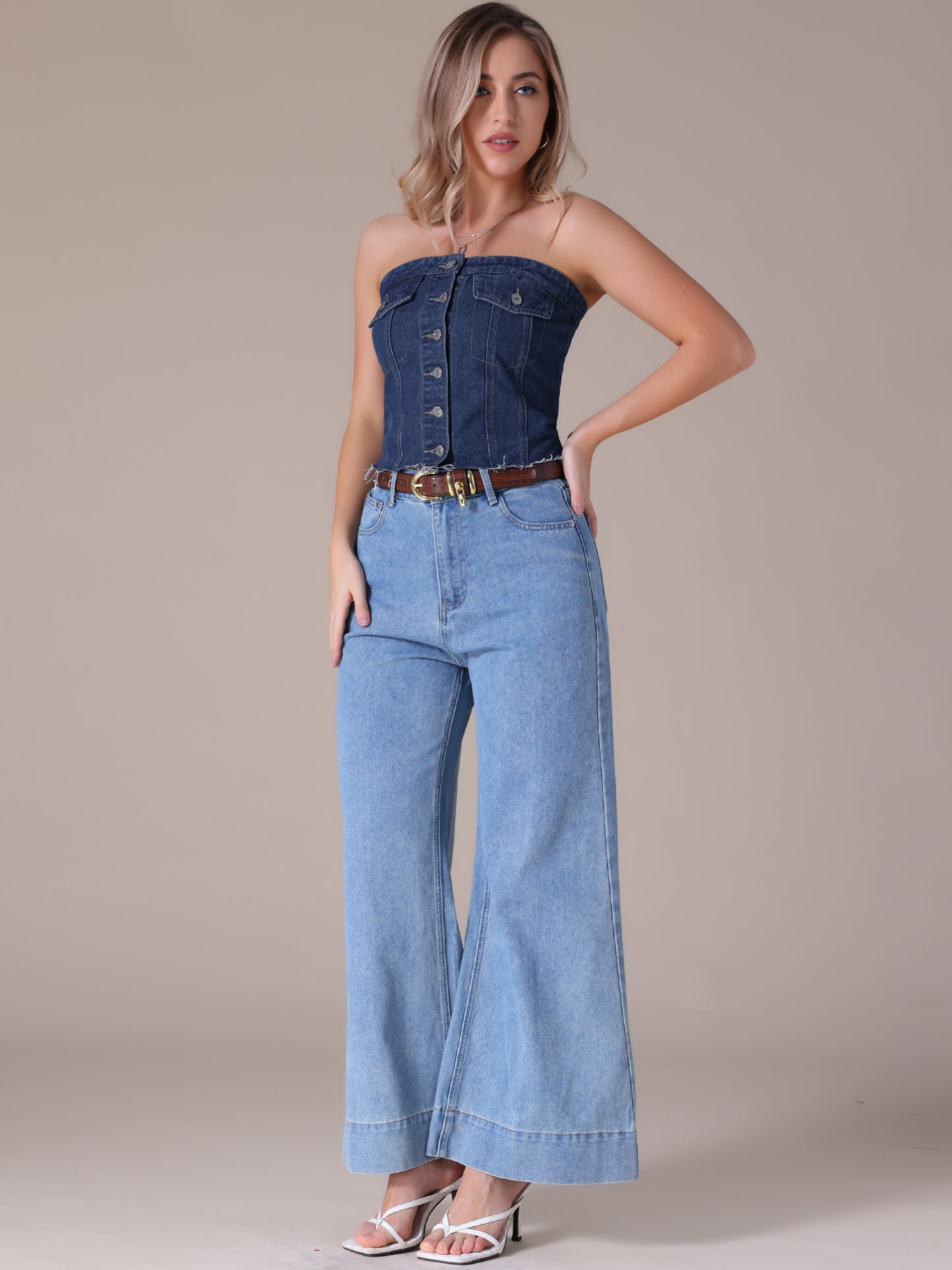 Tops de tubo de mezclilla para mujer con botones al frente, dobladillo sin rematar, espalda fruncida, top bandeau corto sin tirantes