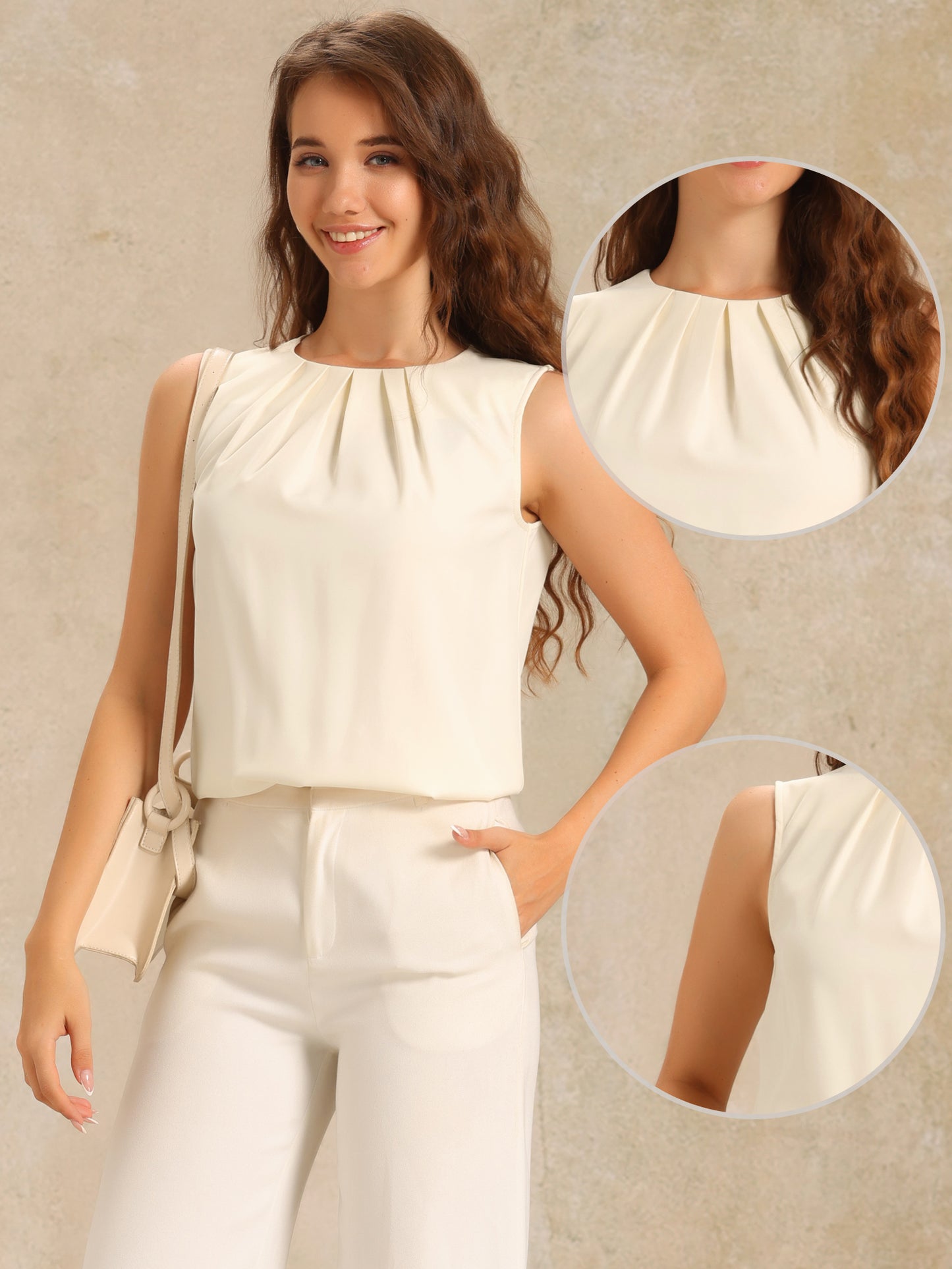 Women's Pleated Crew Neck Sleeveless Solid Casual Summer Tank Top