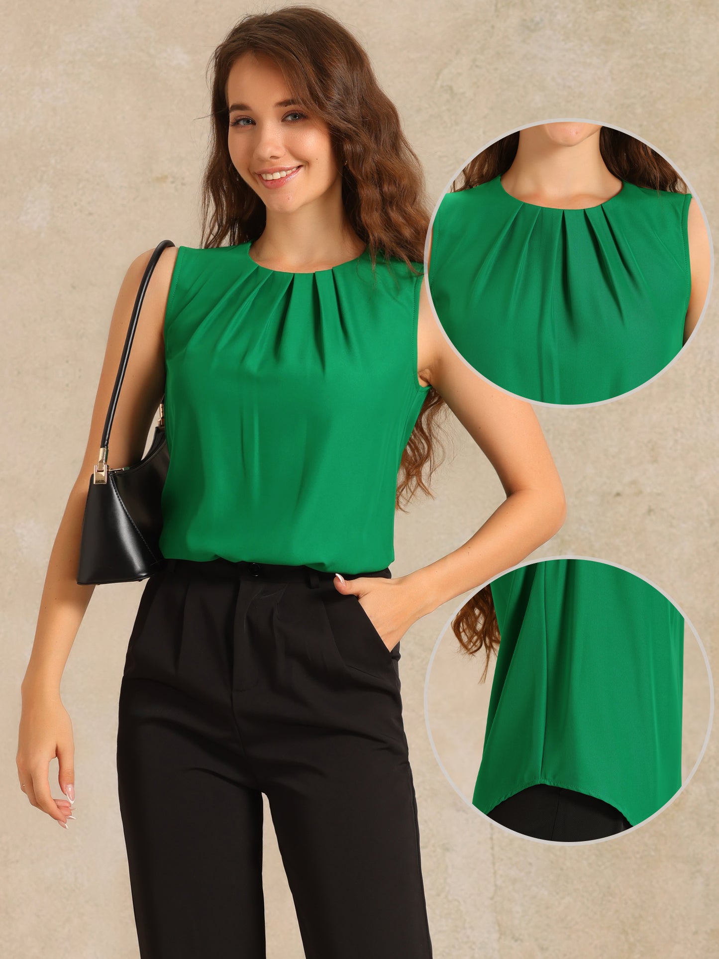Women's Pleated Crew Neck Sleeveless Solid Casual Summer Tank Top