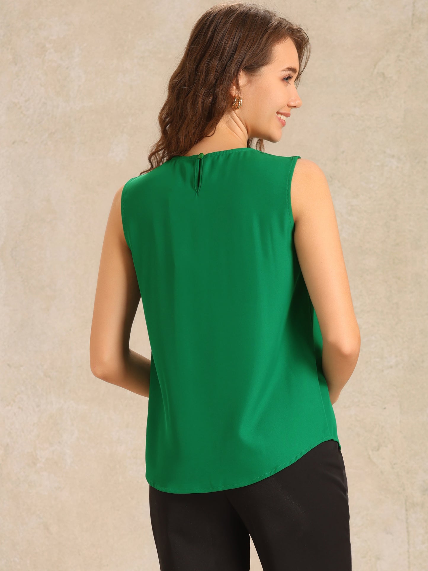 Women's Pleated Crew Neck Sleeveless Solid Casual Summer Tank Top