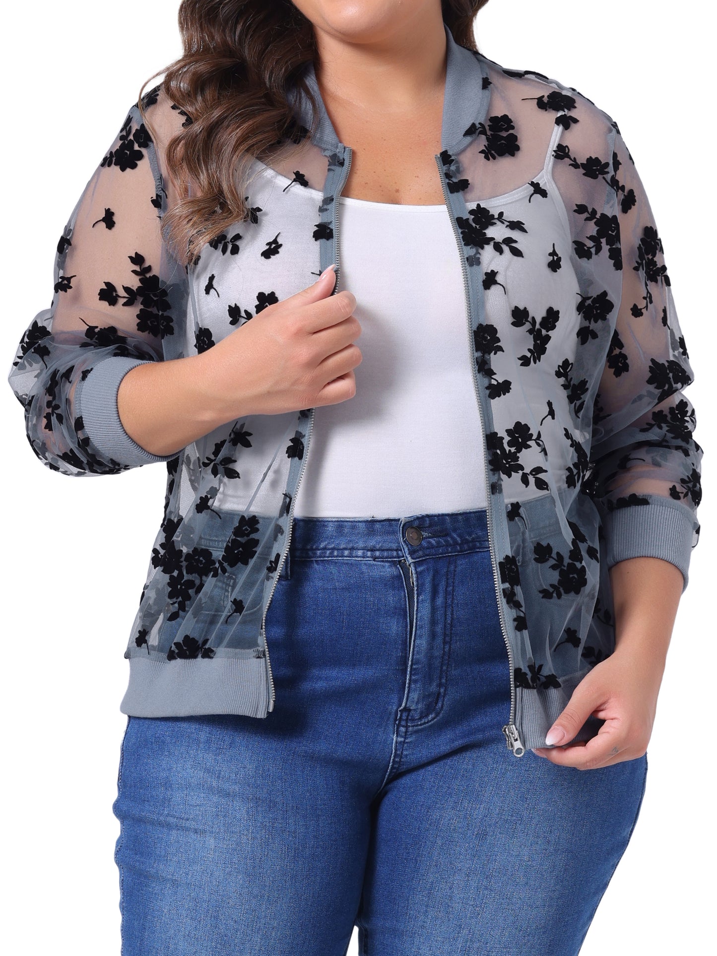 Women Plus Size Jacket Sheer Floral Lace Long Sleeve Baseball Jacket