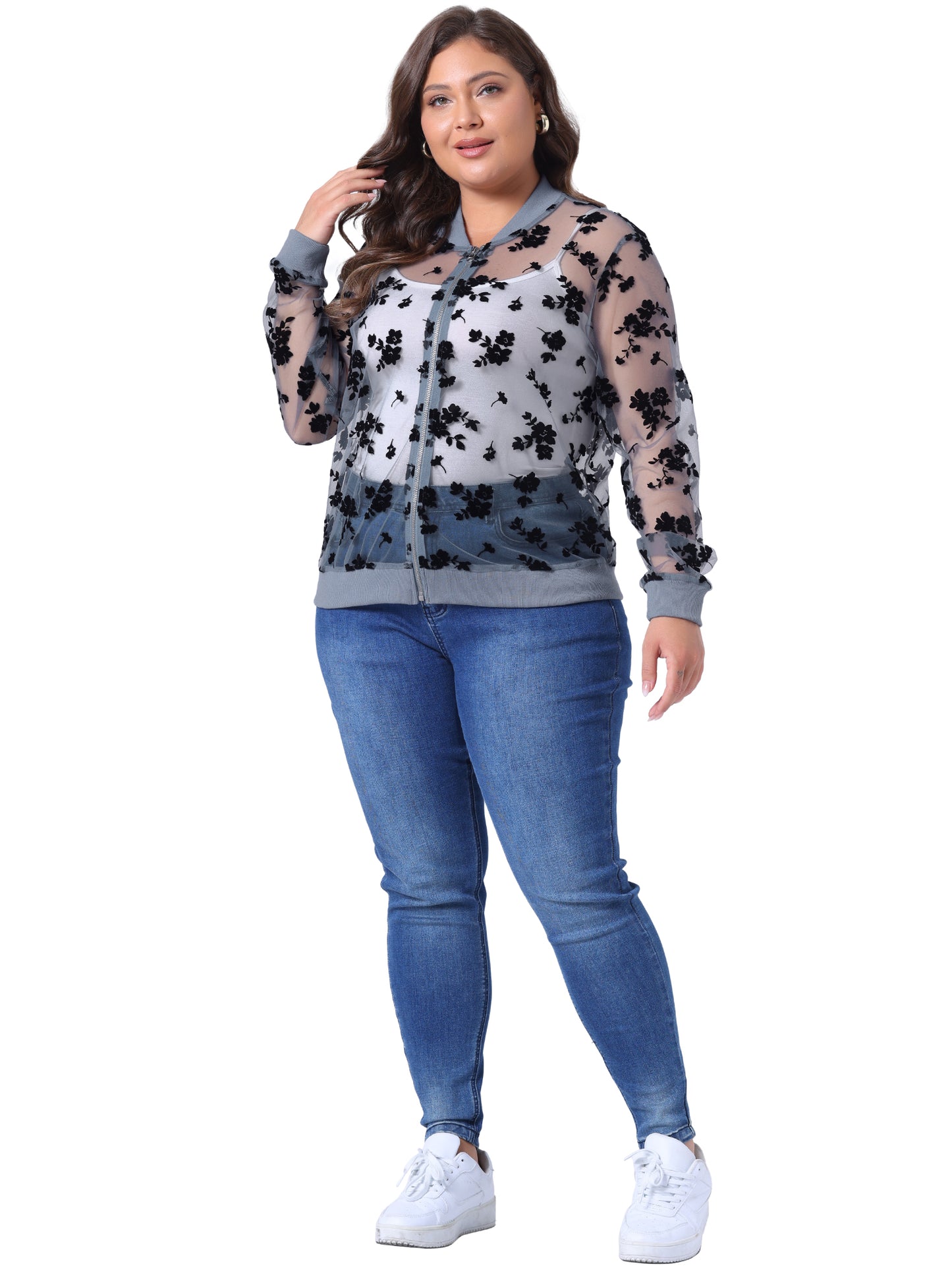 Women Plus Size Jacket Sheer Floral Lace Long Sleeve Baseball Jacket