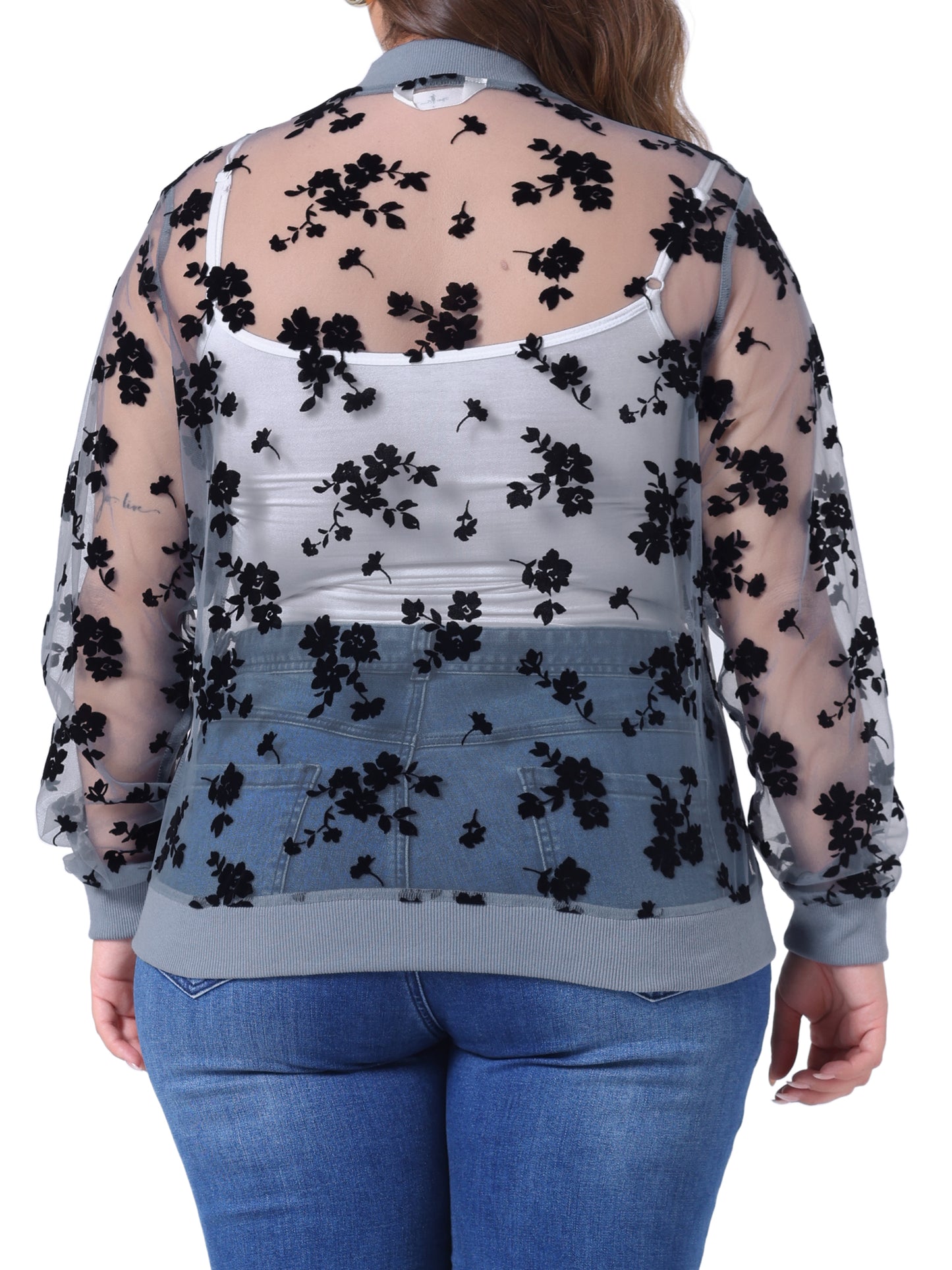 Women Plus Size Jacket Sheer Floral Lace Long Sleeve Baseball Jacket