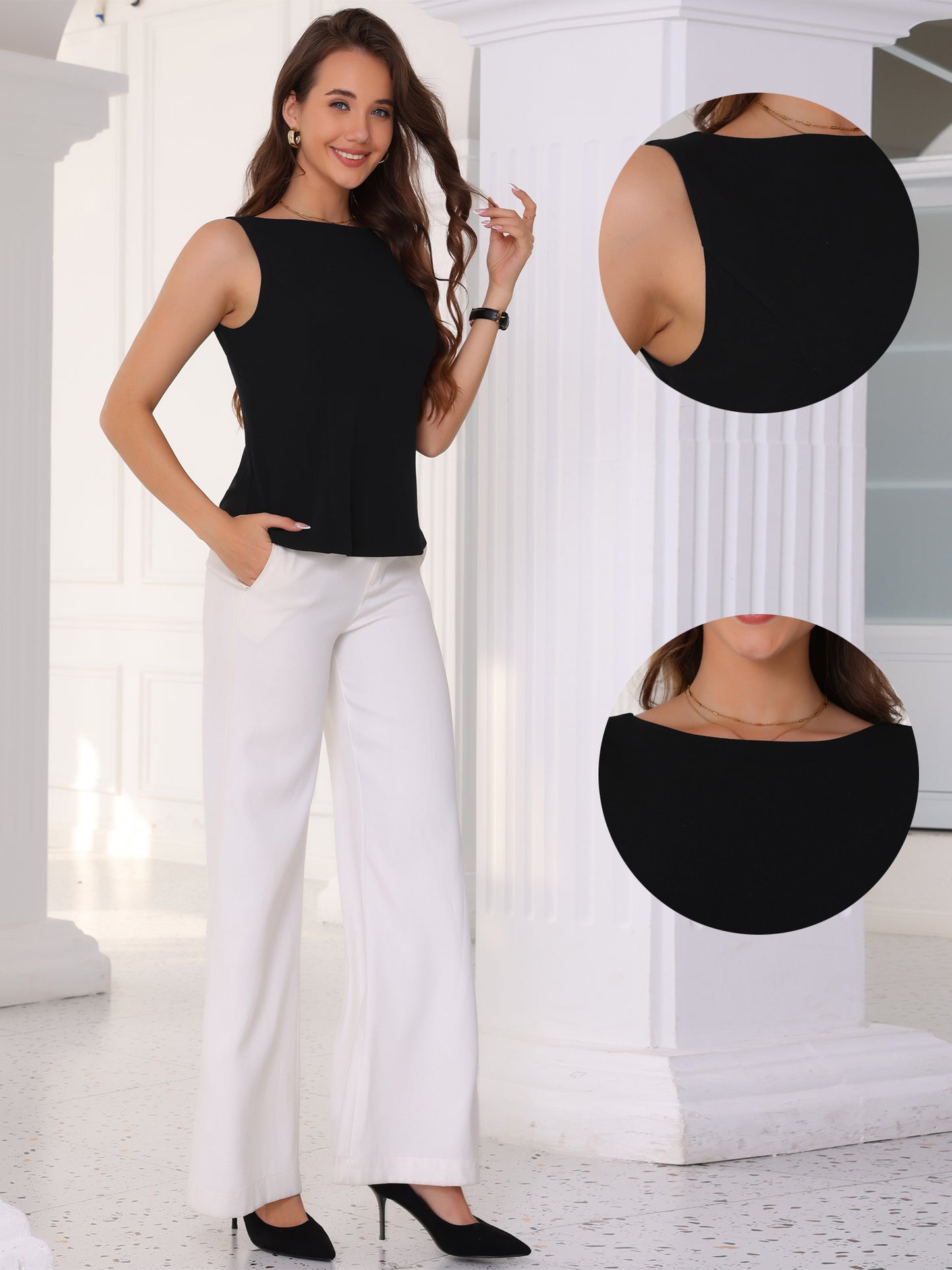 Women's Boat Neck Sleeveless Business Work Summer Tank Top