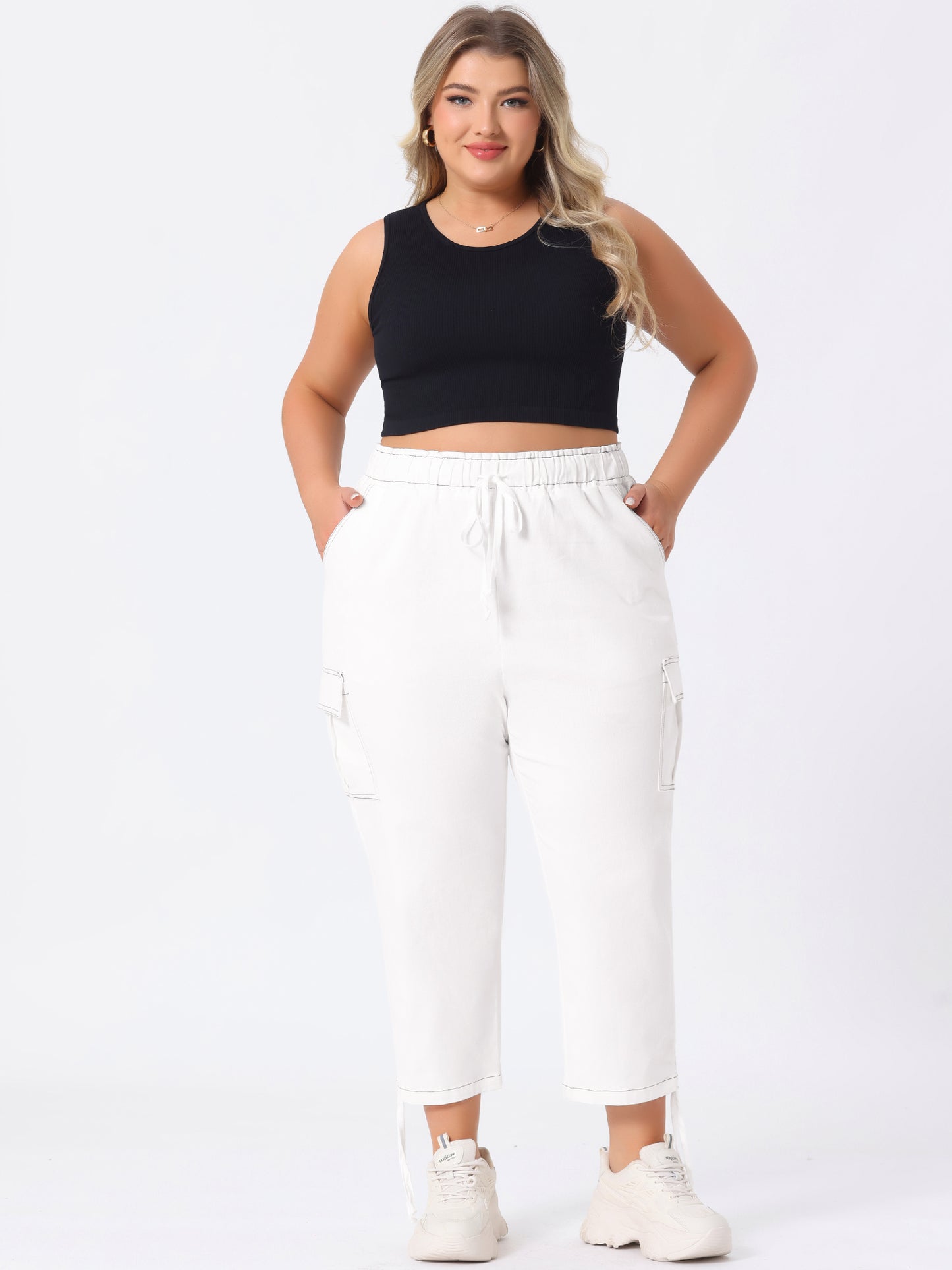 Women's Plus Size Drawstring Elastic Waist Cargo Pants with Pocket