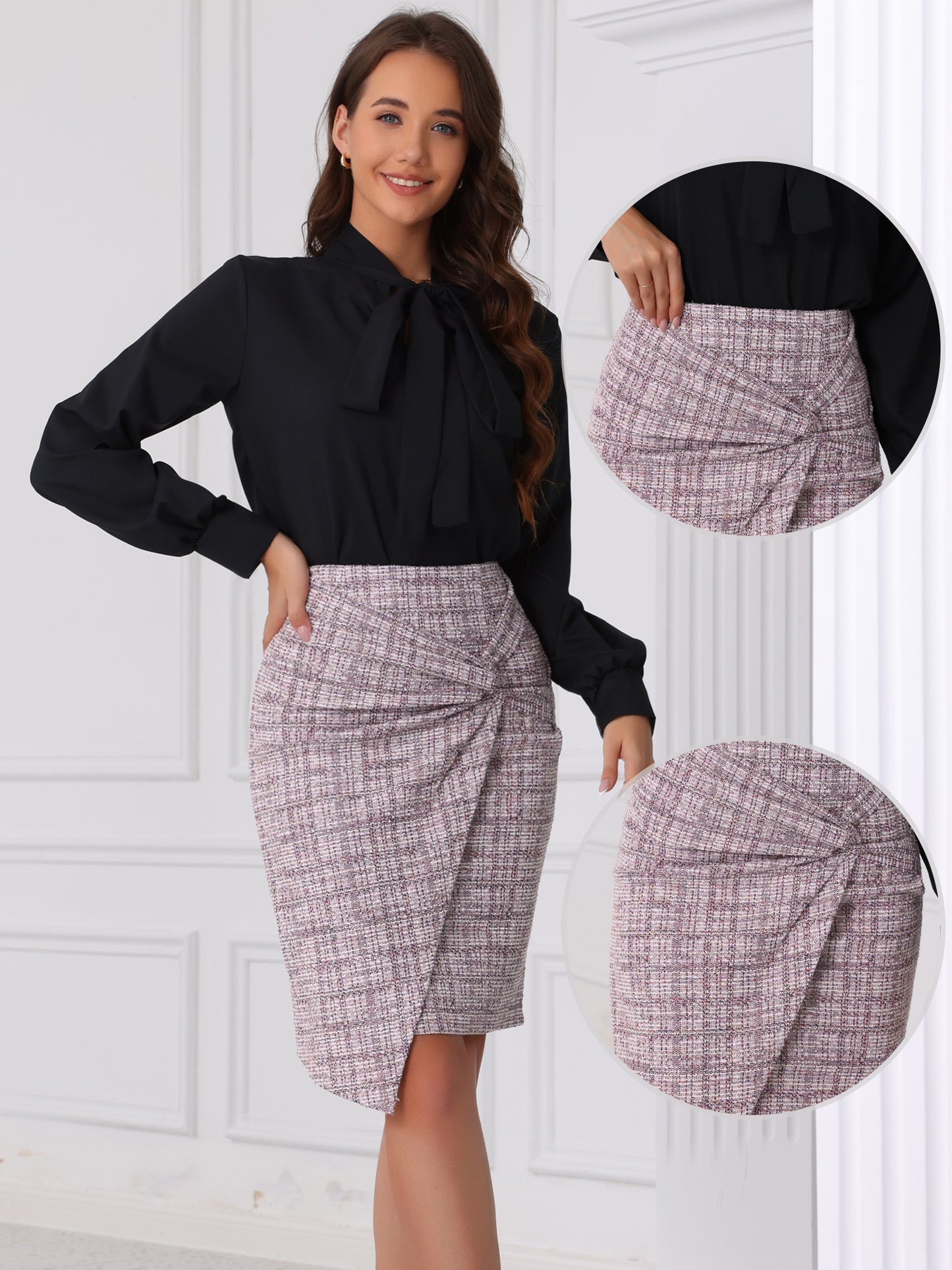 Women Elastic High Waist Wrap Front Tweed Bodycon Pencil Skirt