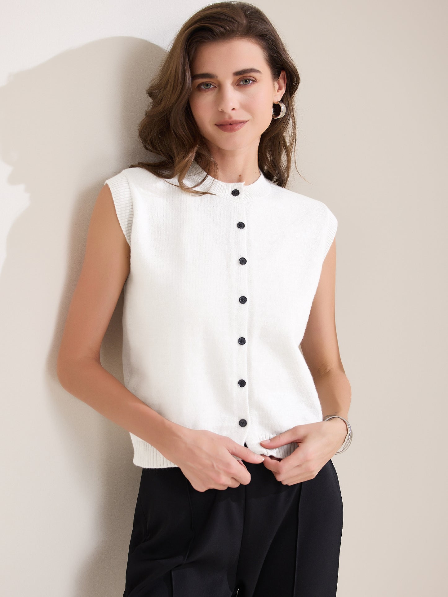Women's Sweater Vest Sleeveless Crew Neck Lightweight Button Down Crochet Chunky Knit Top
