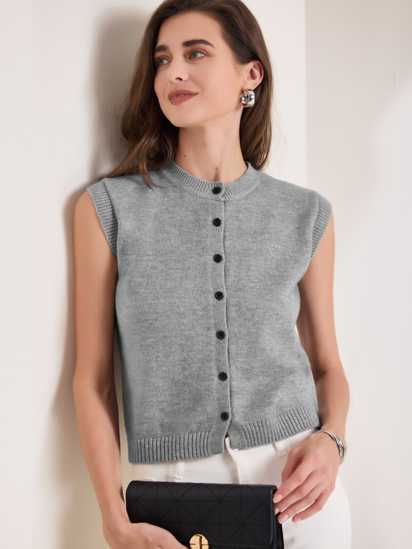 Women's Sweater Vest Sleeveless Crew Neck Lightweight Button Down Crochet Chunky Knit Top