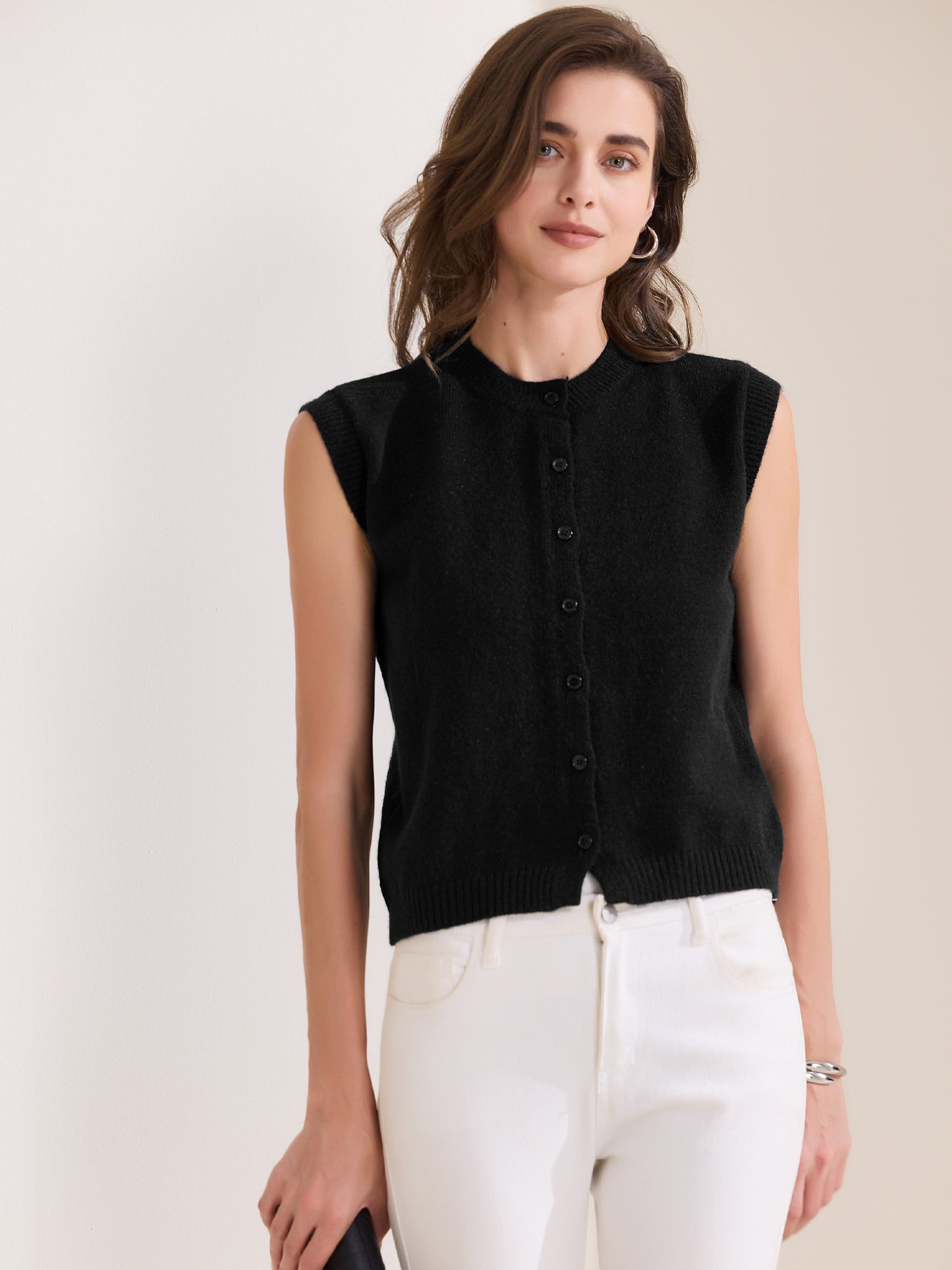 Women's Sweater Vest Sleeveless Crew Neck Lightweight Button Down Crochet Chunky Knit Top