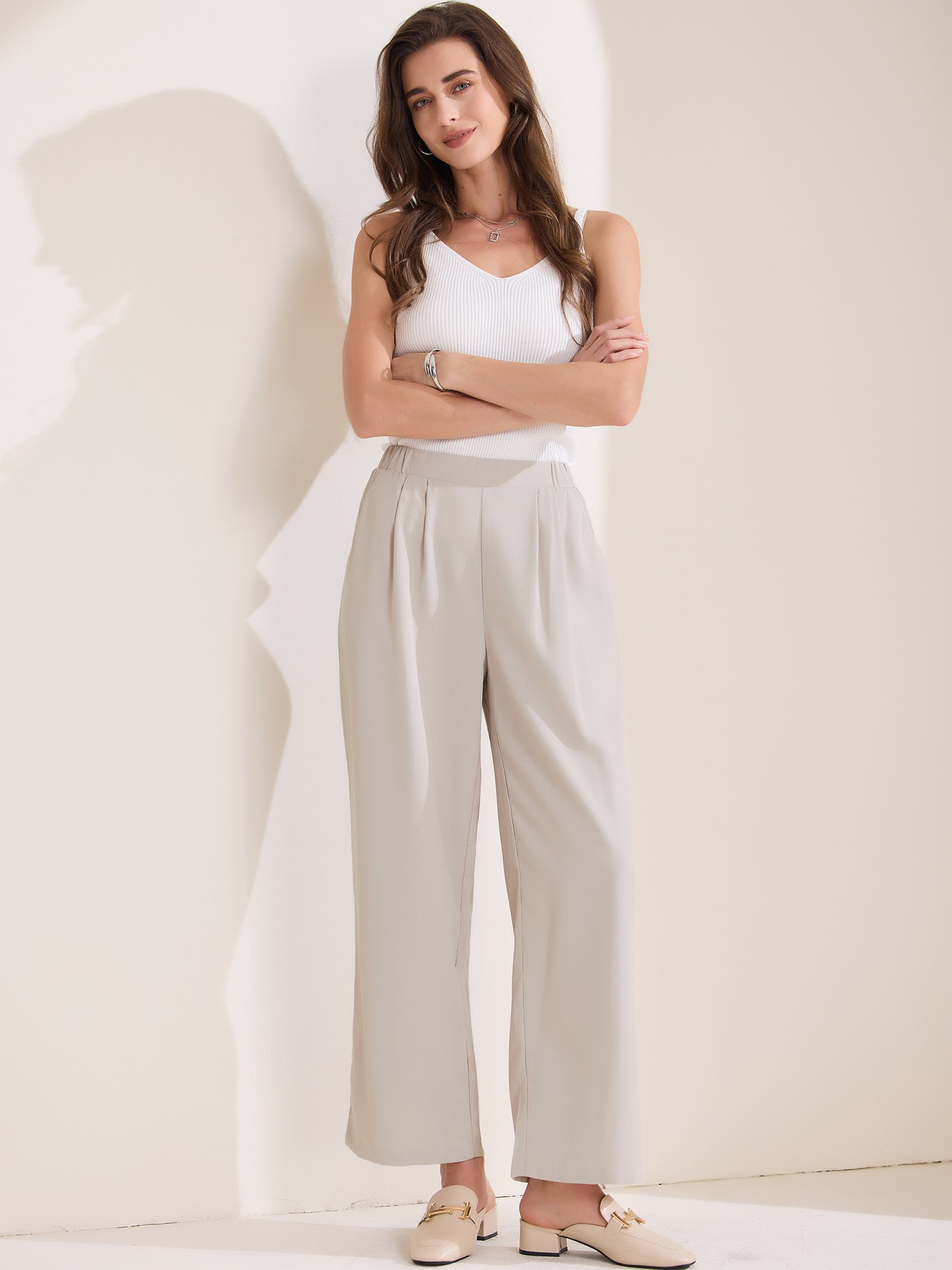 Pantalón de trabajo recto para mujer, elástico, de cintura alta, informal, de negocios, liso, hasta el tobillo