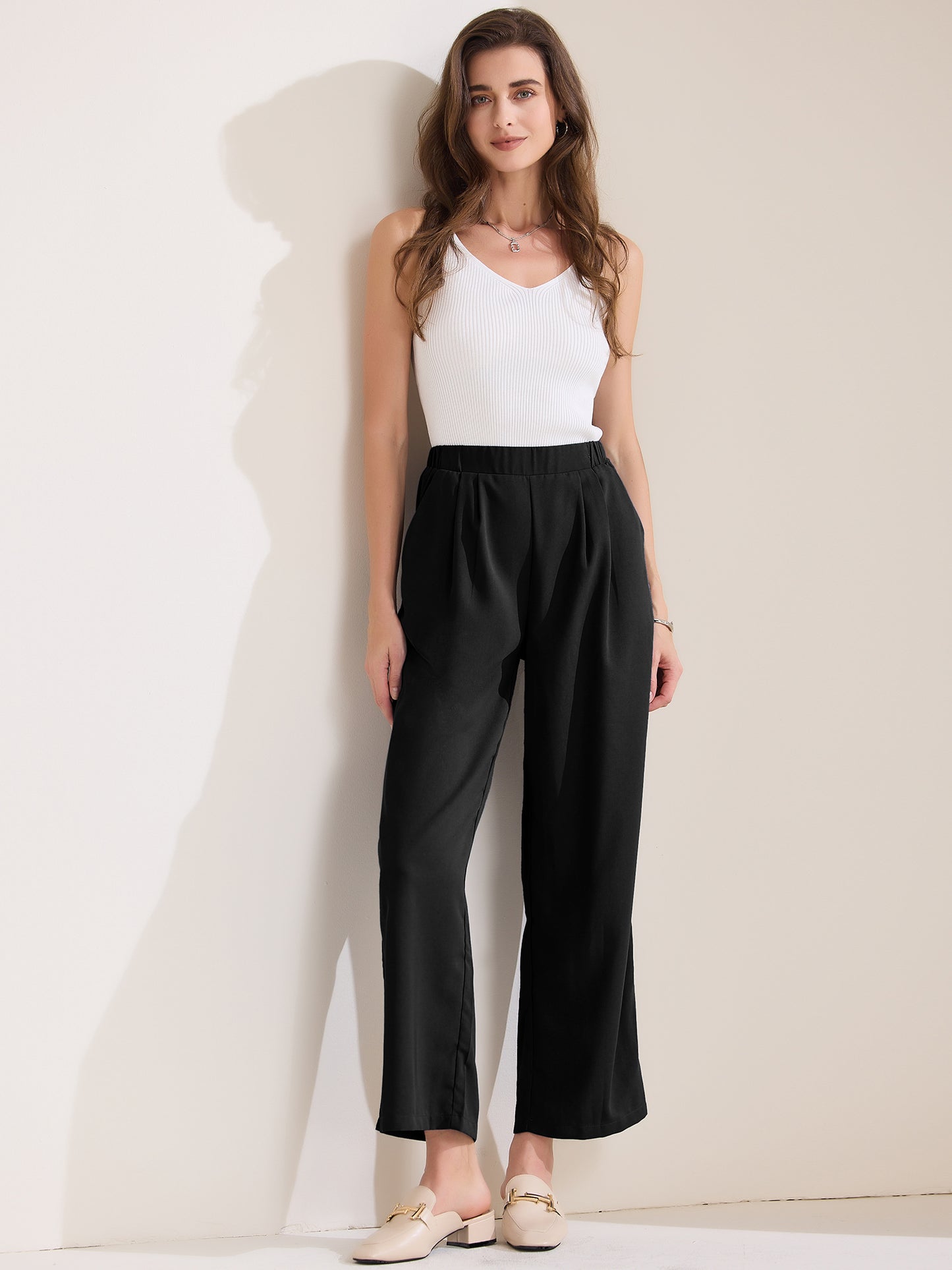 Pantalón de trabajo recto para mujer, elástico, de cintura alta, informal, de negocios, liso, hasta el tobillo