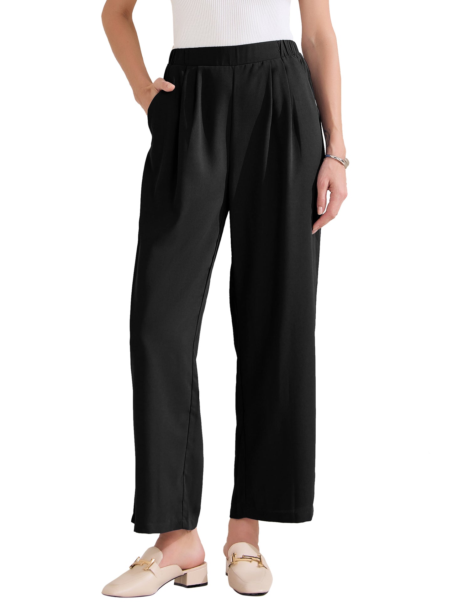 Pantalón de trabajo recto para mujer, elástico, de cintura alta, informal, de negocios, liso, hasta el tobillo