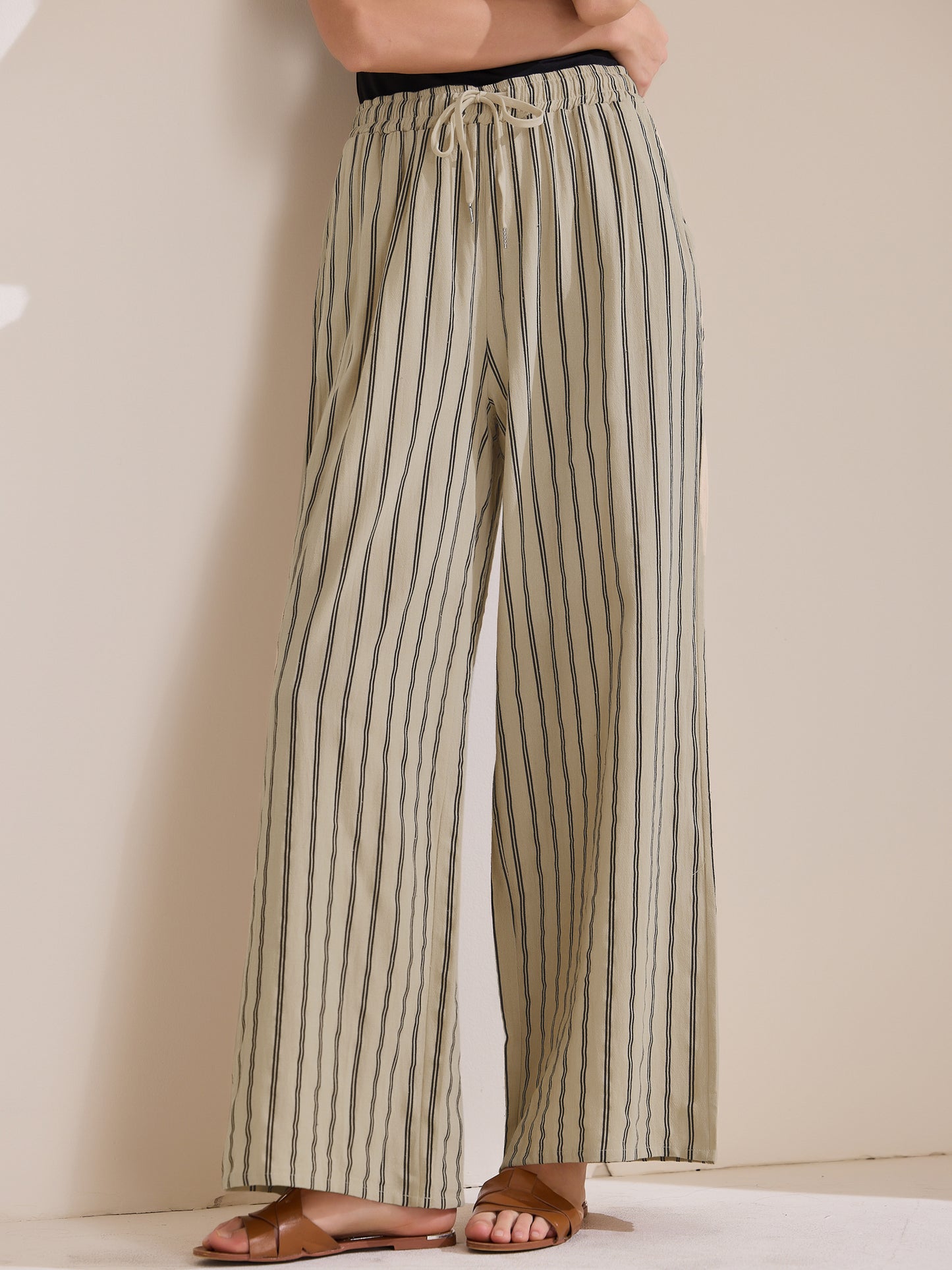 Pantalones casuales de rayas con cordón para mujer, pantalones holgados de algodón de cintura alta y pierna ancha