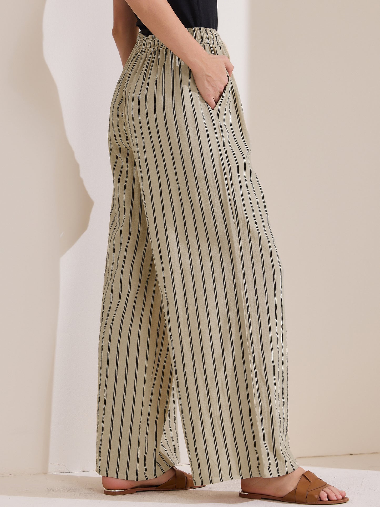 Pantalones casuales de rayas con cordón para mujer, pantalones holgados de algodón de cintura alta y pierna ancha