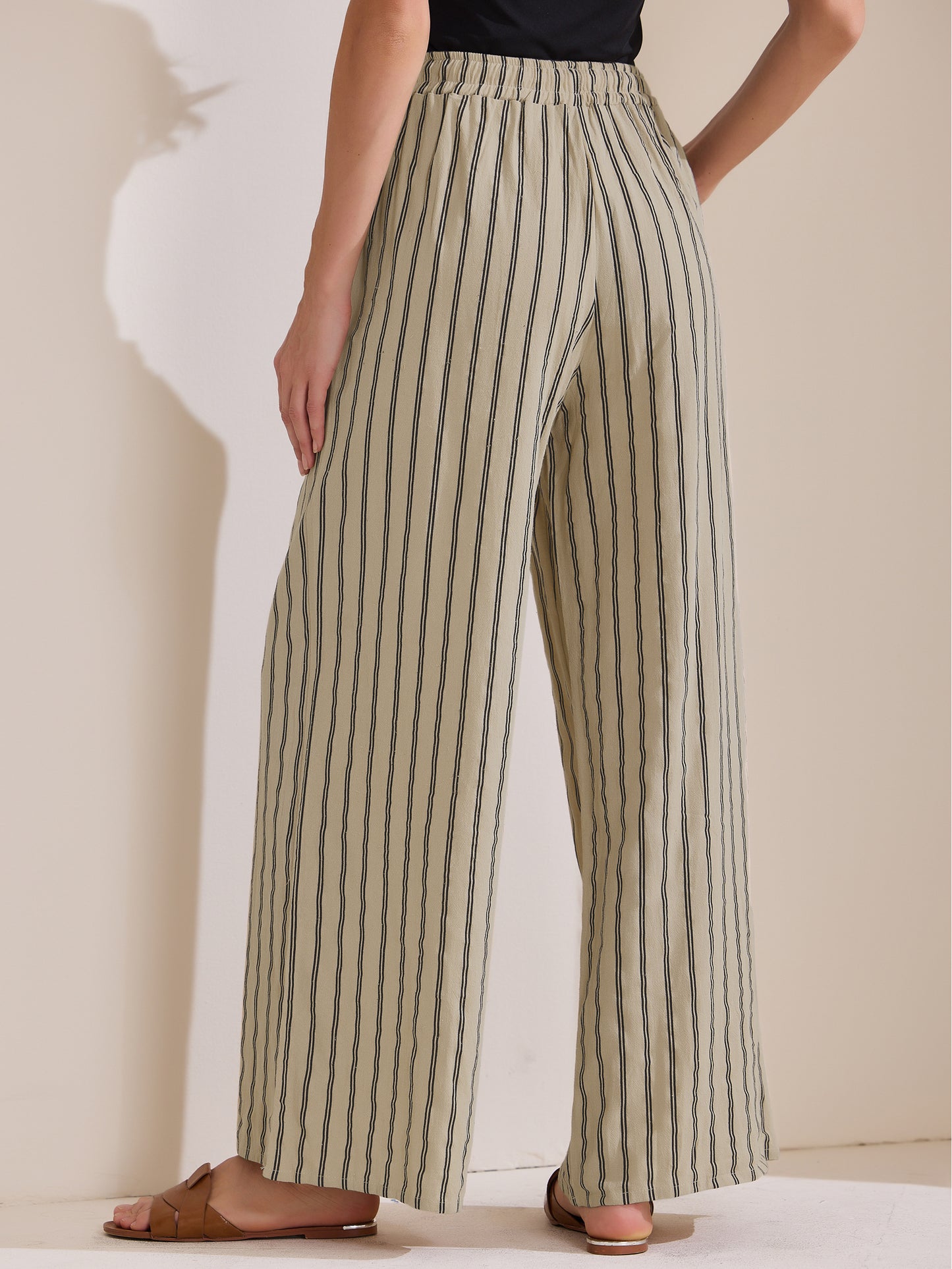 Pantalones casuales de rayas con cordón para mujer, pantalones holgados de algodón de cintura alta y pierna ancha