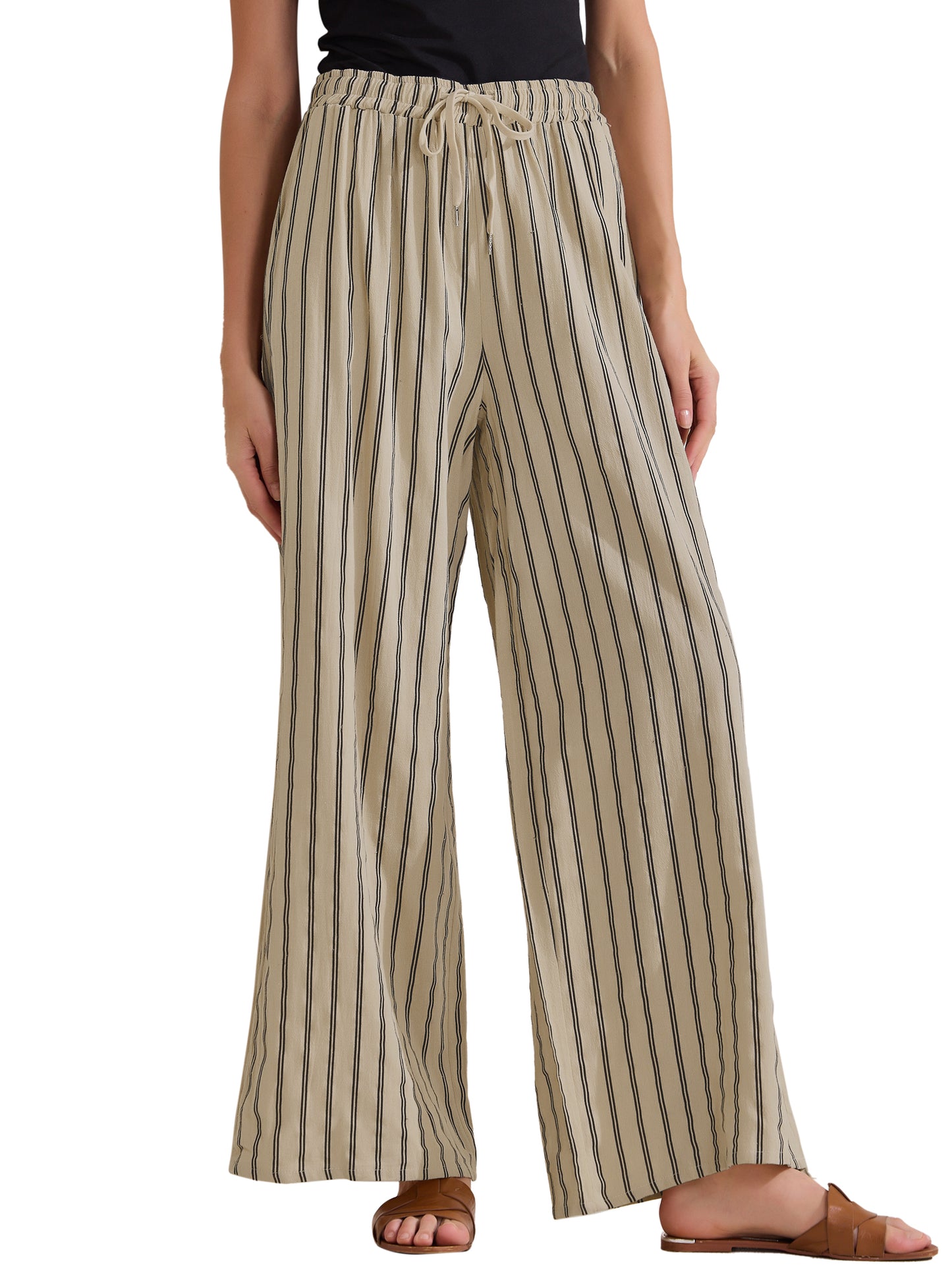 Pantalones casuales de rayas con cordón para mujer, pantalones holgados de algodón de cintura alta y pierna ancha
