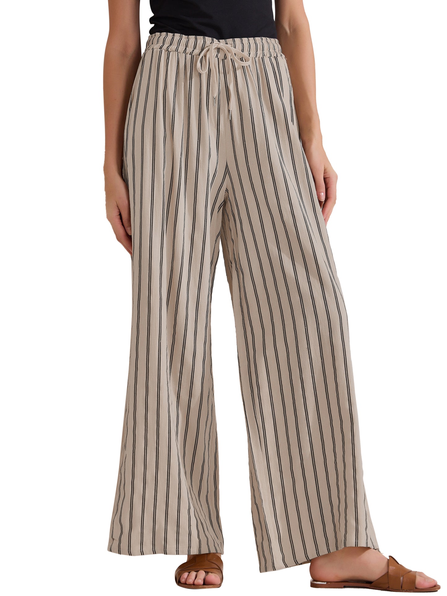 Women's Casual Drawstring Stripe Pants Wide Leg High Waist Cotton Loose Pants