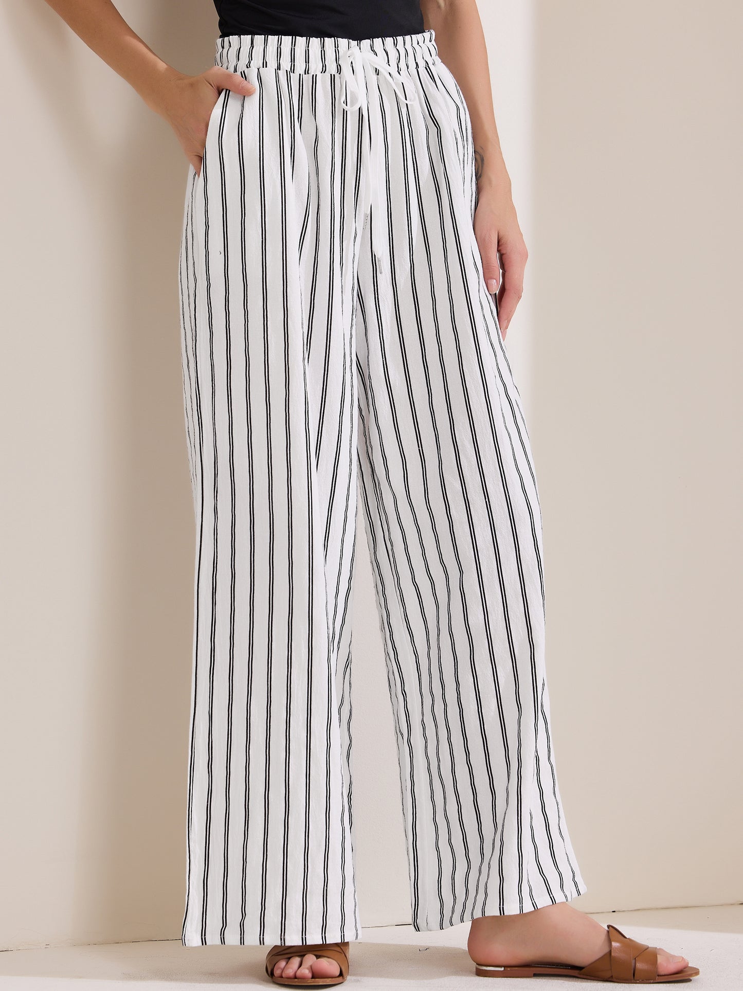 Pantalones casuales de rayas con cordón para mujer, pantalones holgados de algodón de cintura alta y pierna ancha