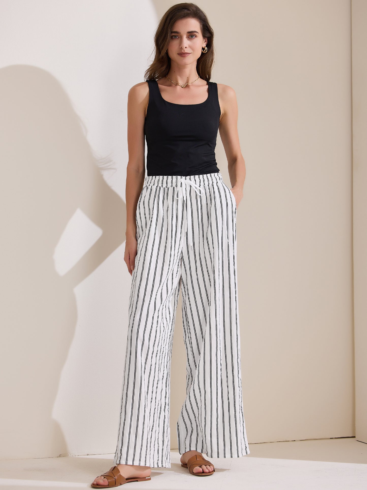 Pantalones casuales de rayas con cordón para mujer, pantalones holgados de algodón de cintura alta y pierna ancha