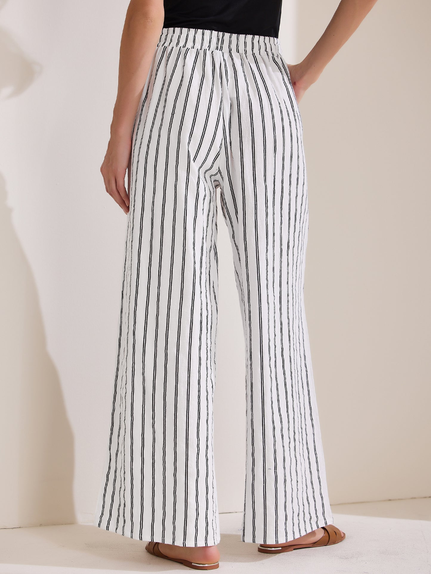 Pantalones casuales de rayas con cordón para mujer, pantalones holgados de algodón de cintura alta y pierna ancha