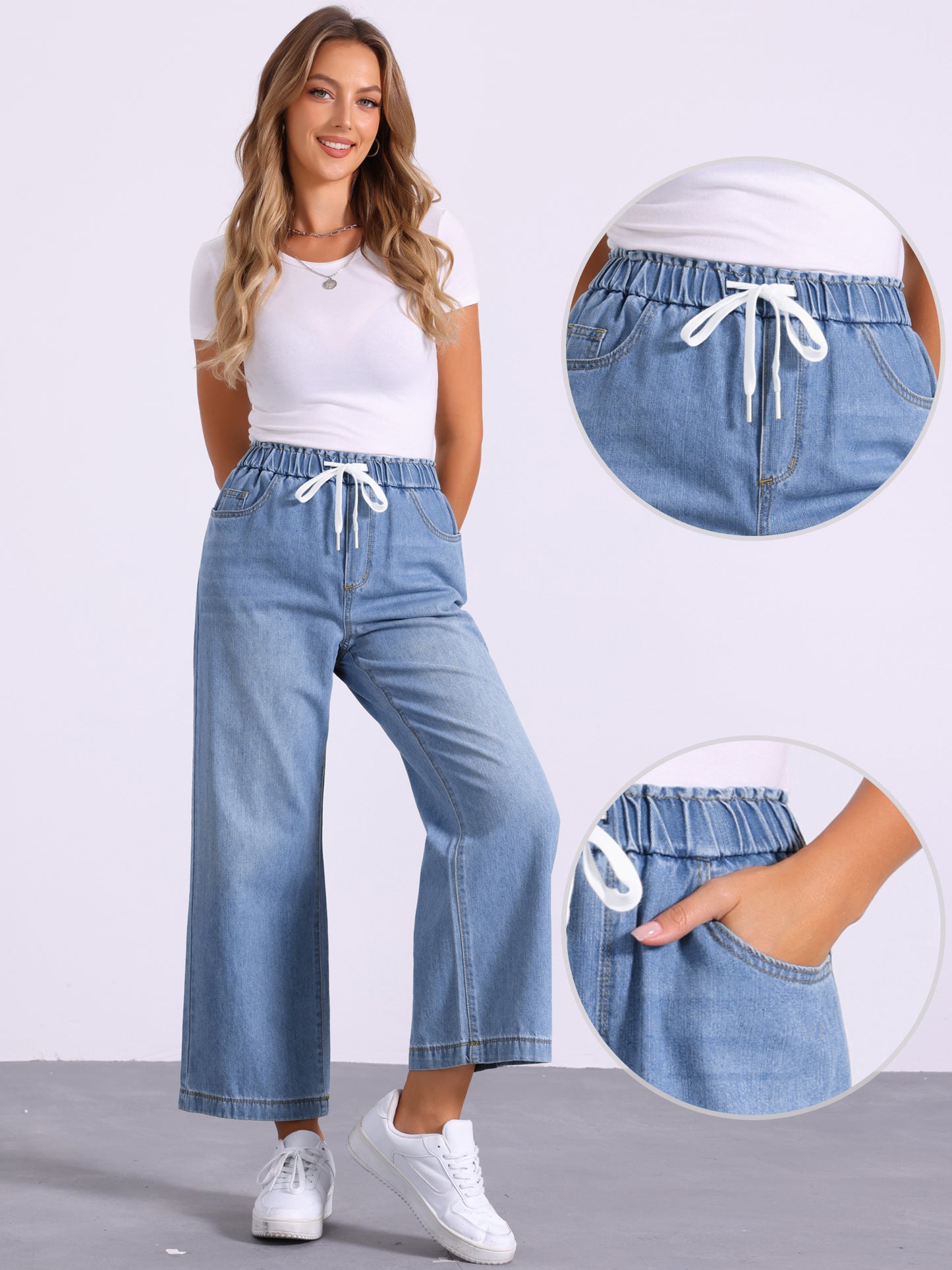 Women's Casual Denim Pants Baggy Drawstring Elastic Waist Wide Legs Jeans