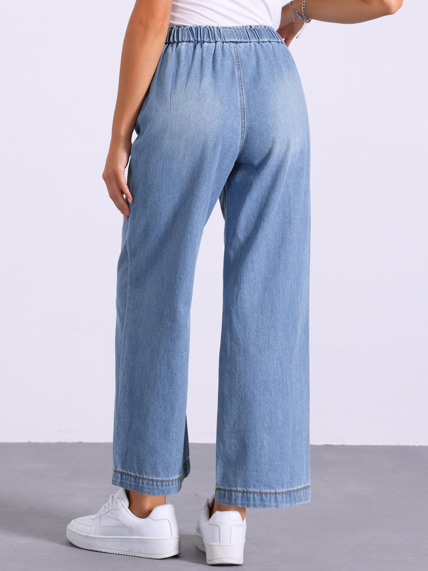 Women's Casual Denim Pants Baggy Drawstring Elastic Waist Wide Legs Jeans