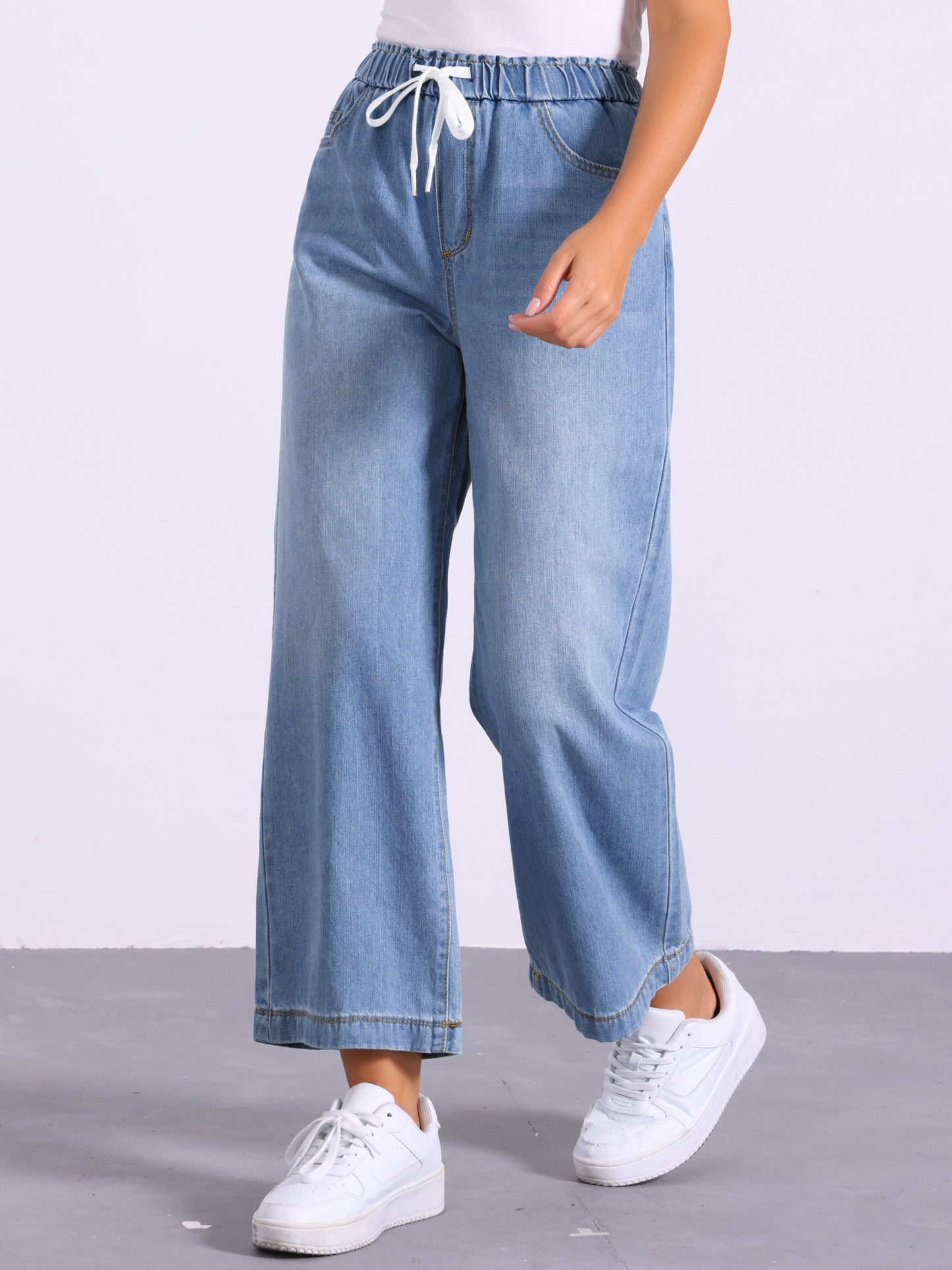 Women's Casual Denim Pants Baggy Drawstring Elastic Waist Wide Legs Jeans