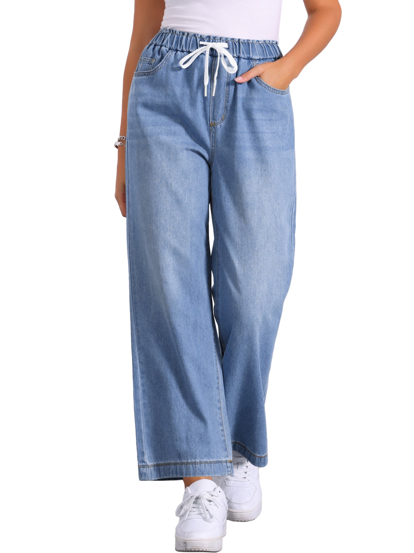 Women's Casual Denim Pants Baggy Drawstring Elastic Waist Wide Legs Jeans