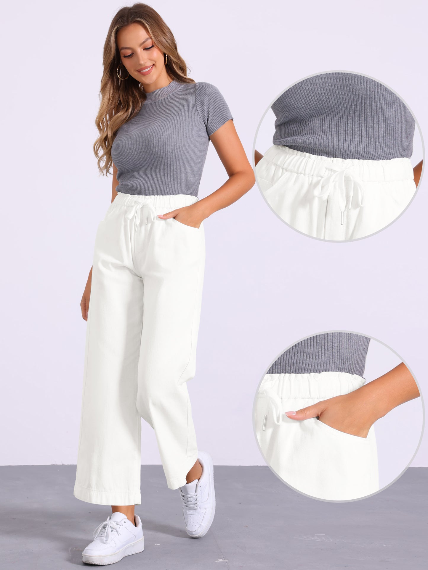Women's Casual Denim Pants Baggy Drawstring Elastic Waist Wide Legs Jeans