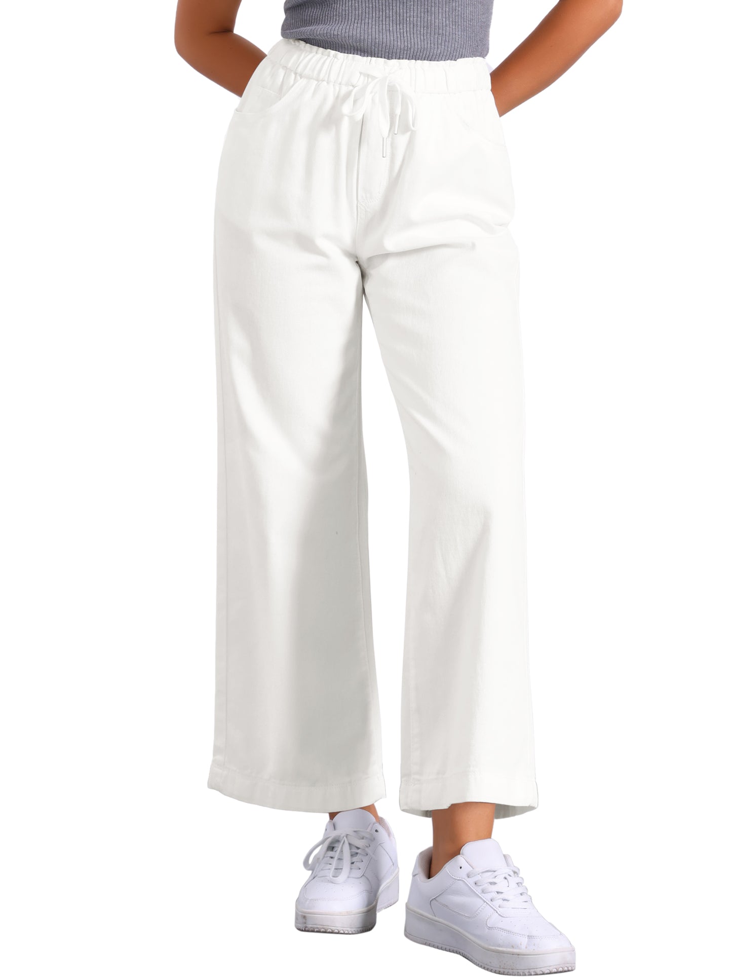Women's Casual Denim Pants Baggy Drawstring Elastic Waist Wide Legs Jeans