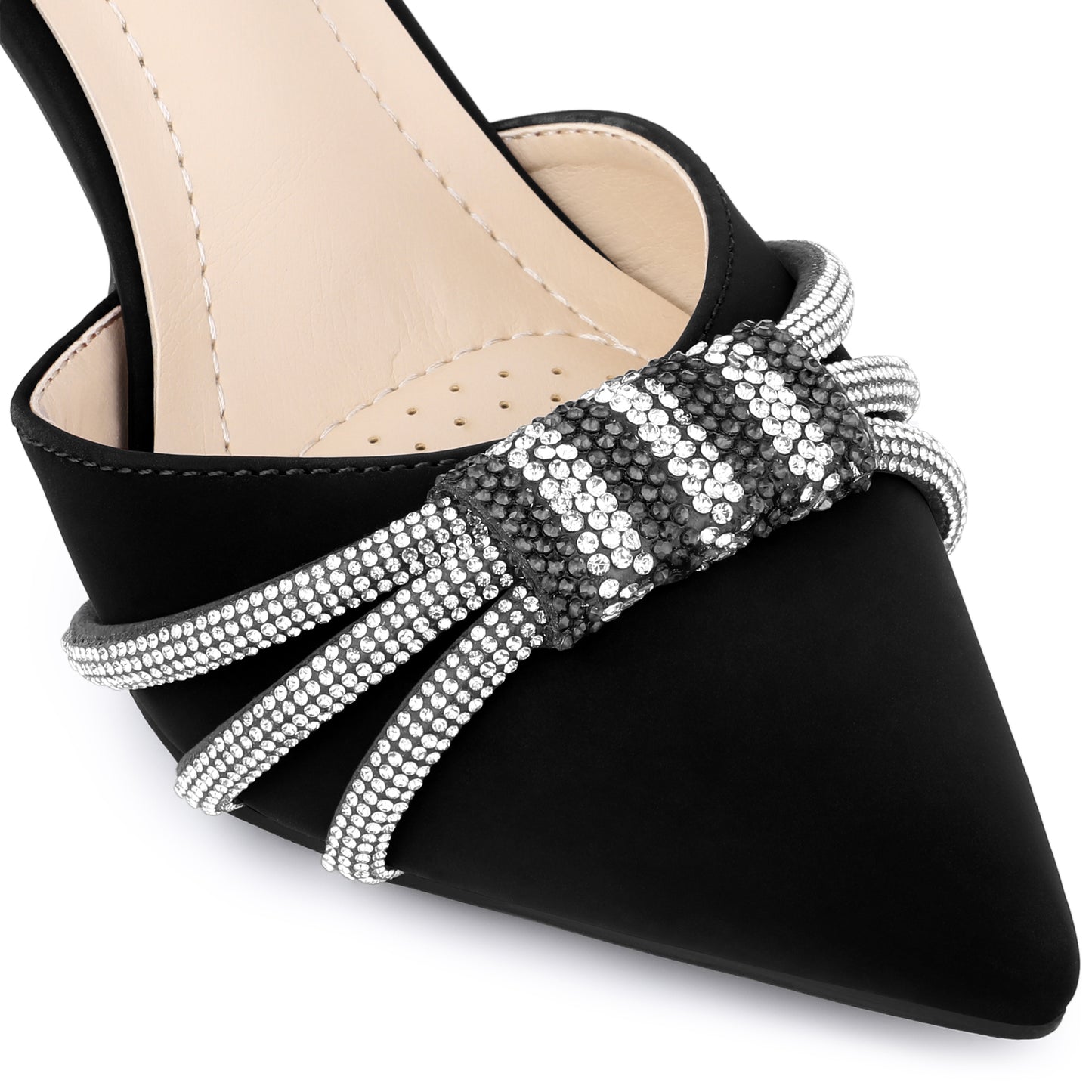 Zapatos de tacón alto de aguja con tiras en el tobillo y punta puntiaguda para mujer con diamantes de imitación