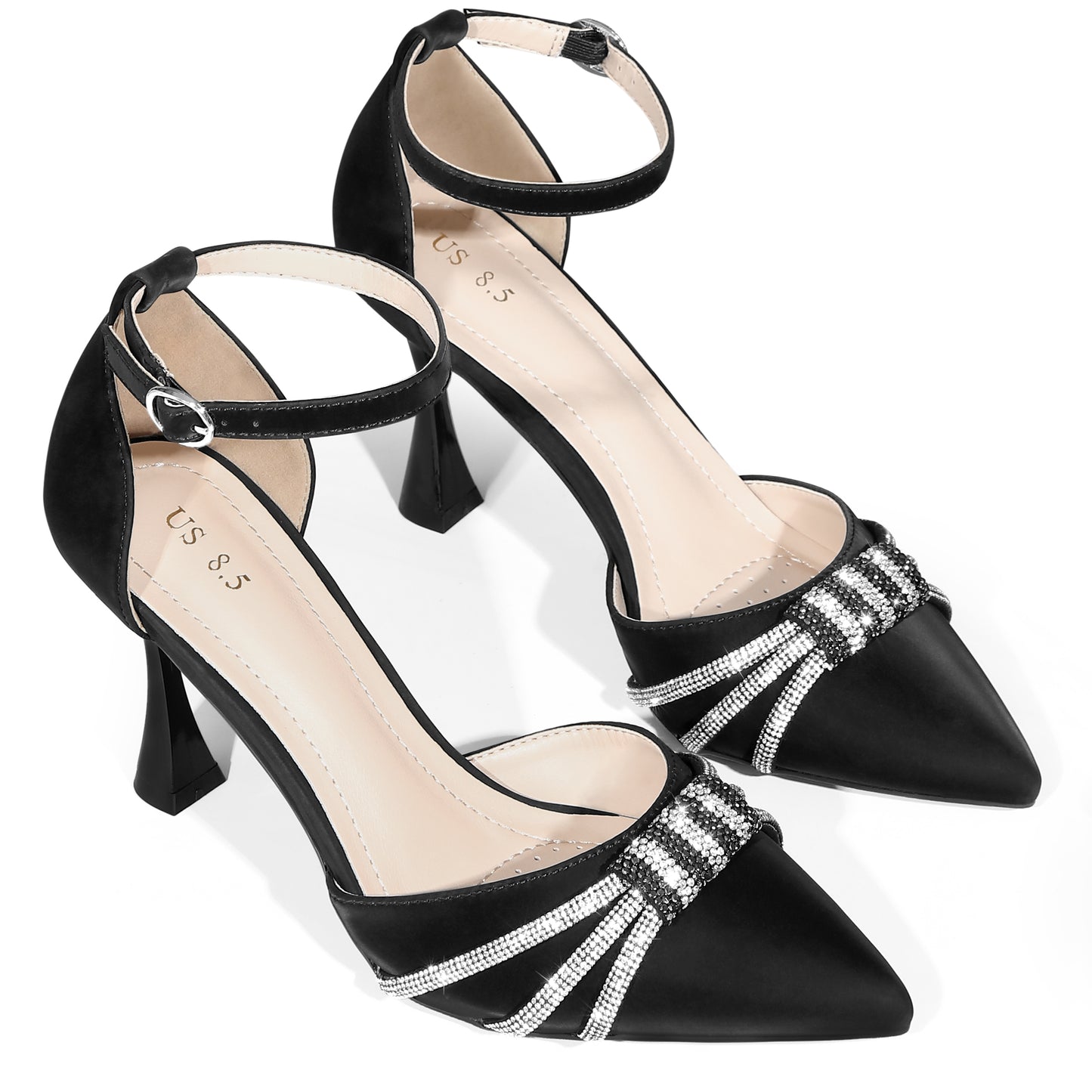 Zapatos de tacón alto de aguja con tiras en el tobillo y punta puntiaguda para mujer con diamantes de imitación