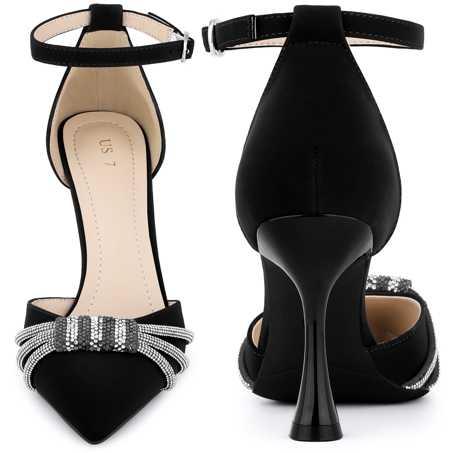 Zapatos de tacón alto de aguja con tiras en el tobillo y punta puntiaguda para mujer con diamantes de imitación