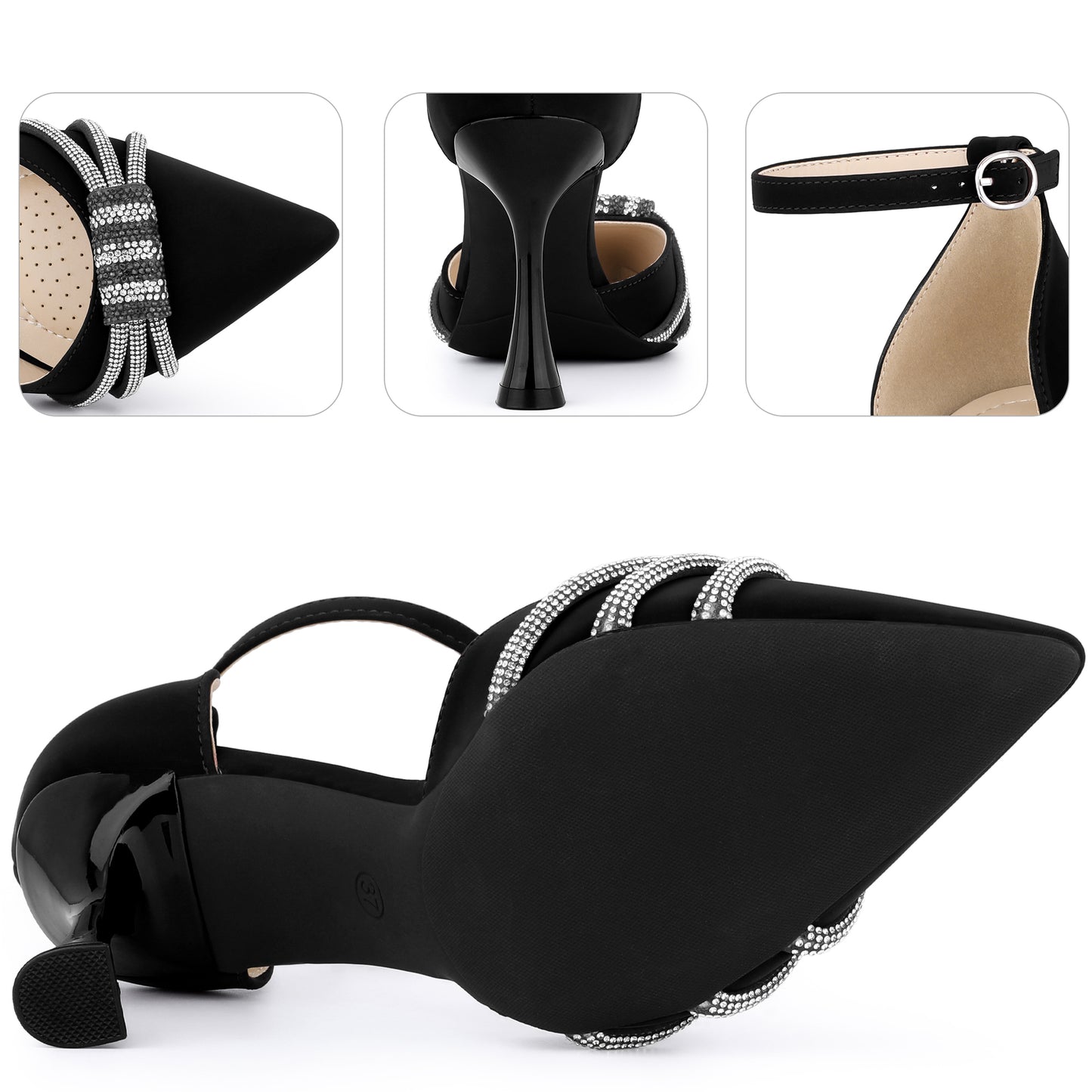Zapatos de tacón alto de aguja con tiras en el tobillo y punta puntiaguda para mujer con diamantes de imitación